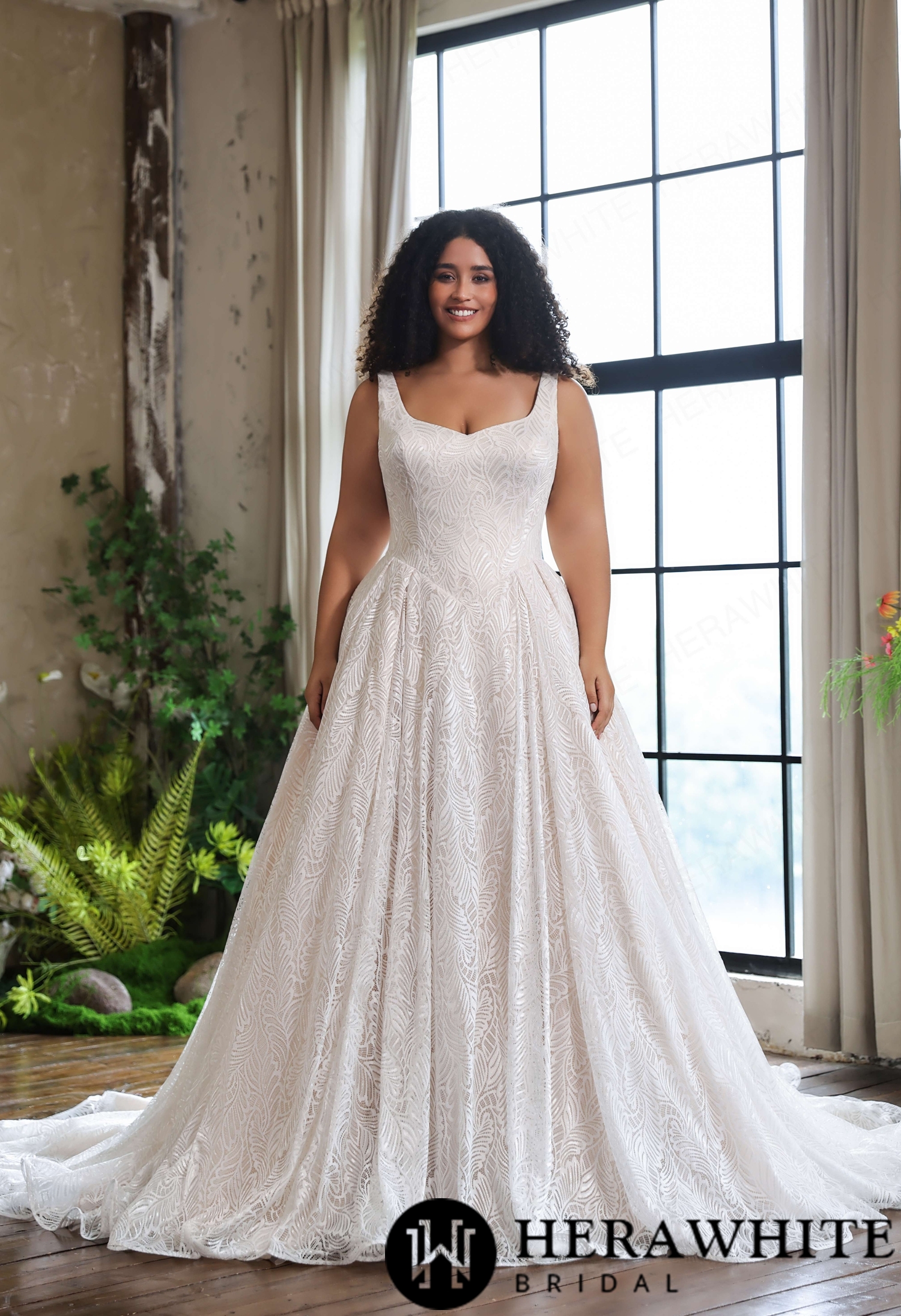 Plus Size Scoop Neck Allover Lace A-Line Wedding Dress
