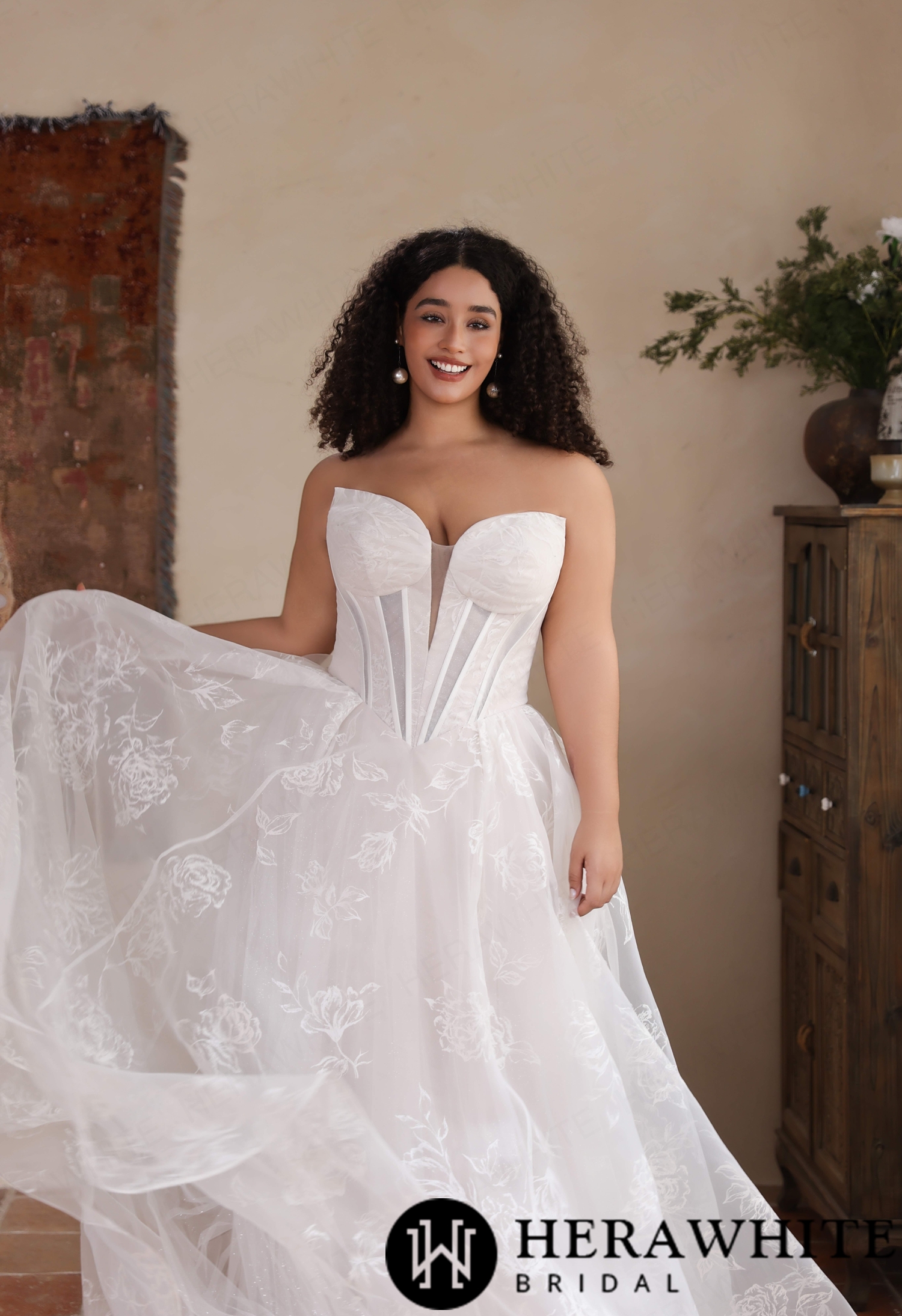 Strapless Organza A Line Gown with Floral Embroidery
