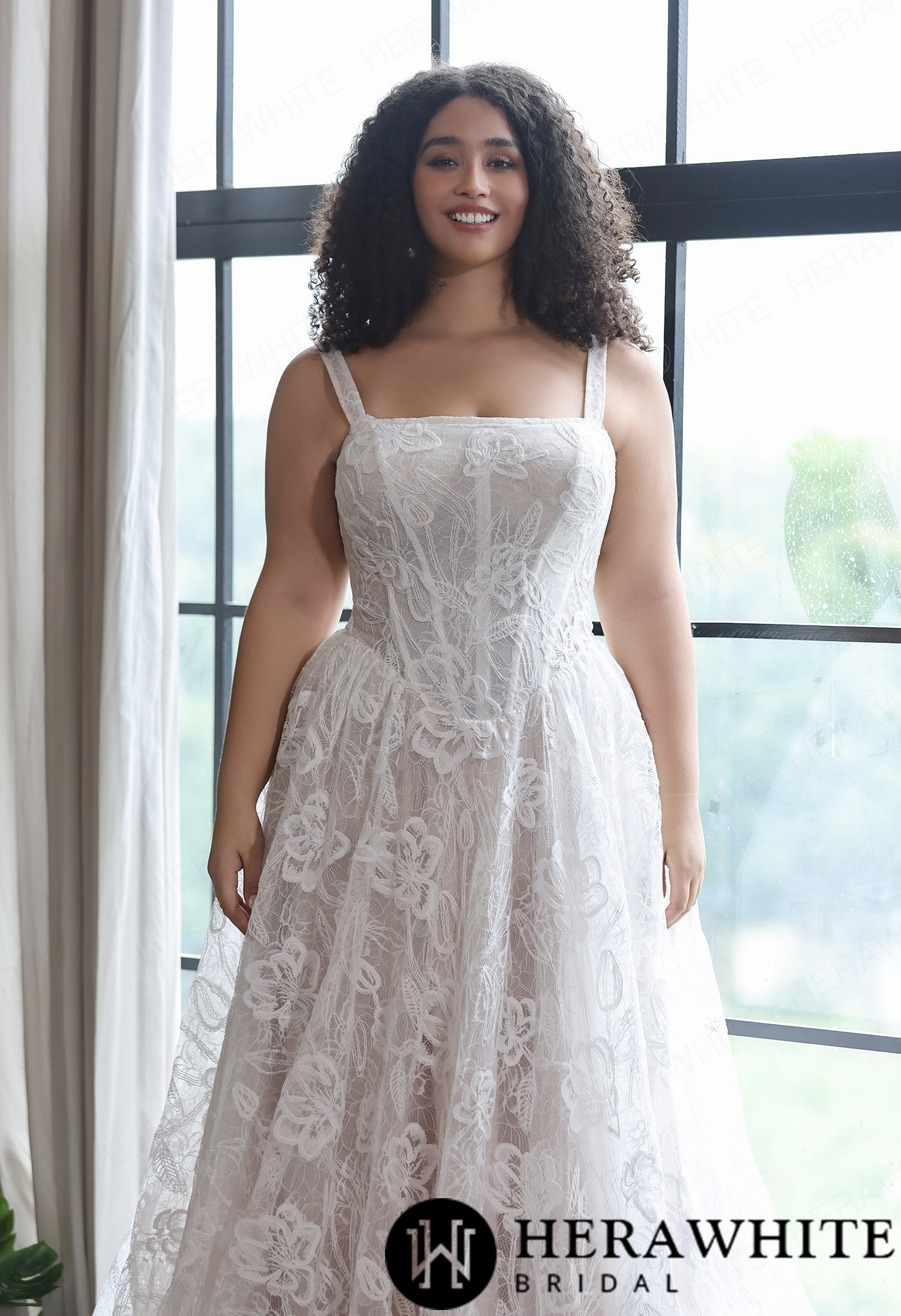 Square Neck Wide Strap Allover Lace Plus Size A-Line Wedding Dress