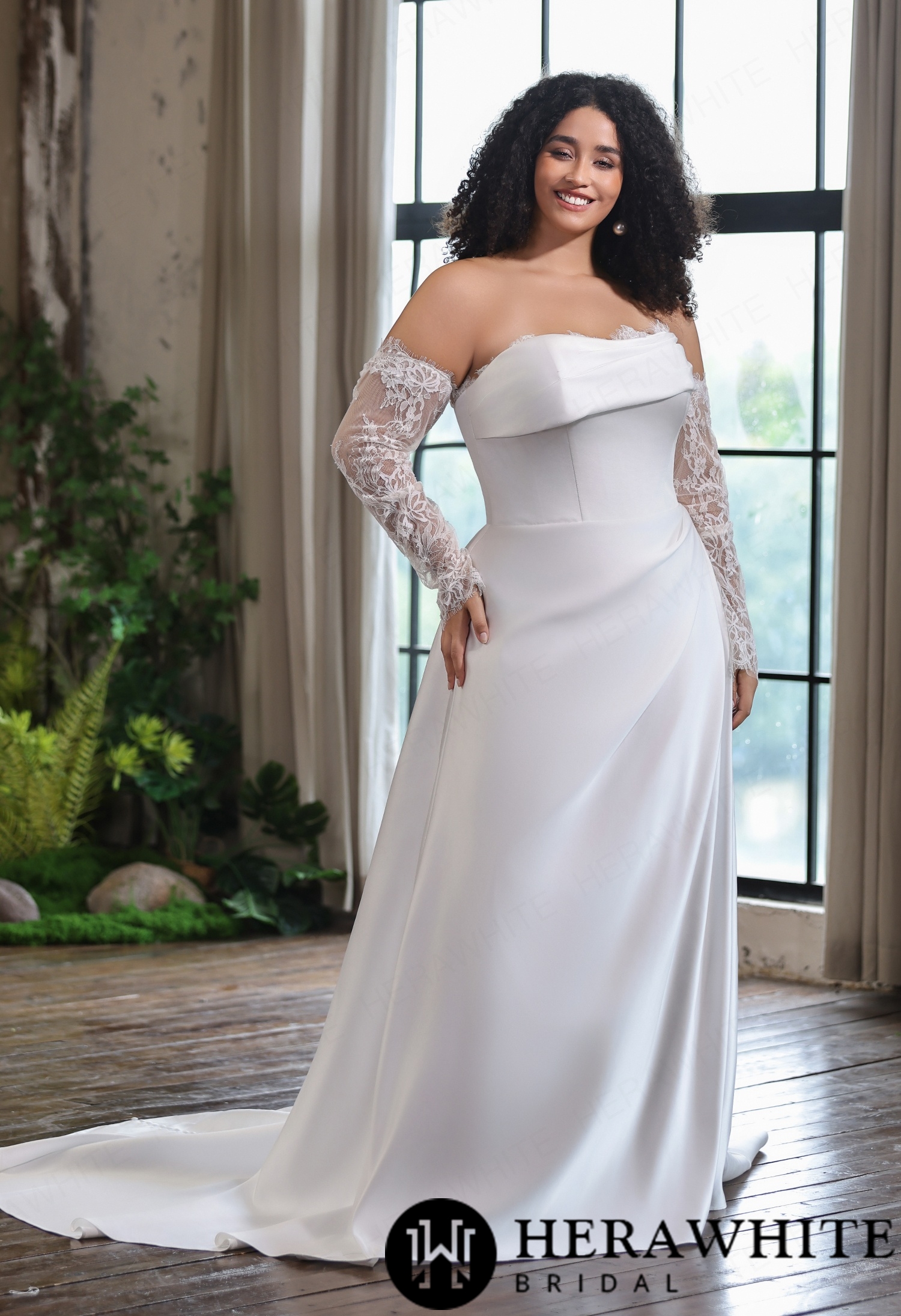 Matte Satin Strapless A-Line Gown with Detachable Lace Sleeve
