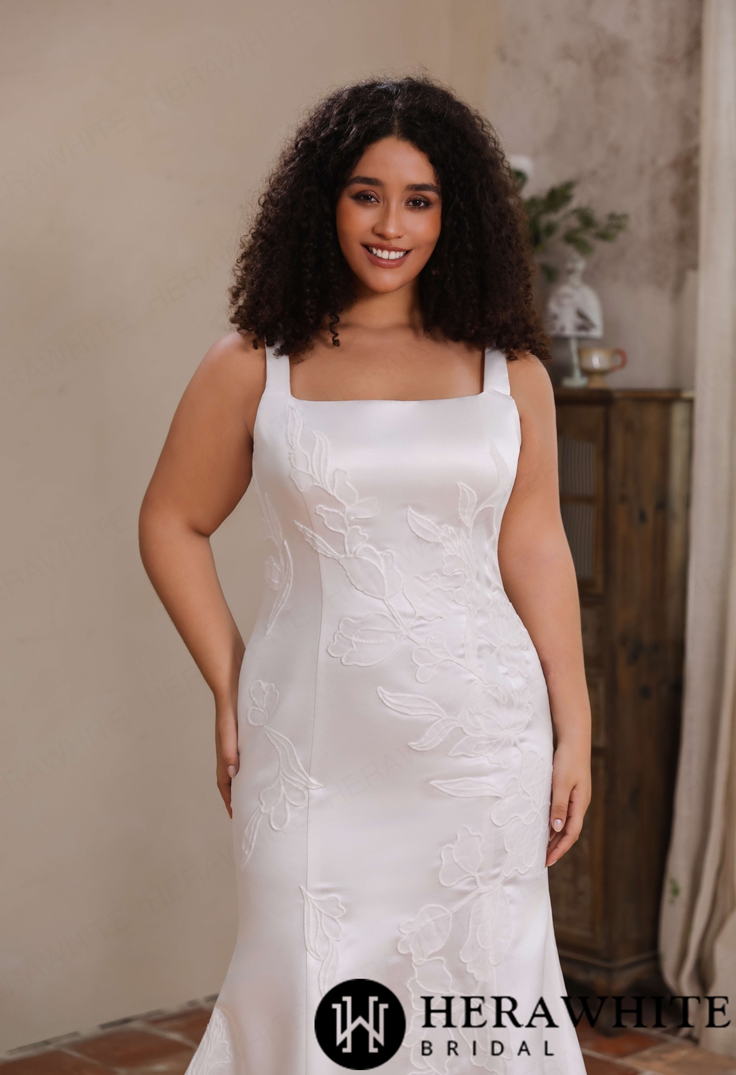 Minimalist Curvy Fit Satin Bridal Gown with Handcrafted Floral Embroidery