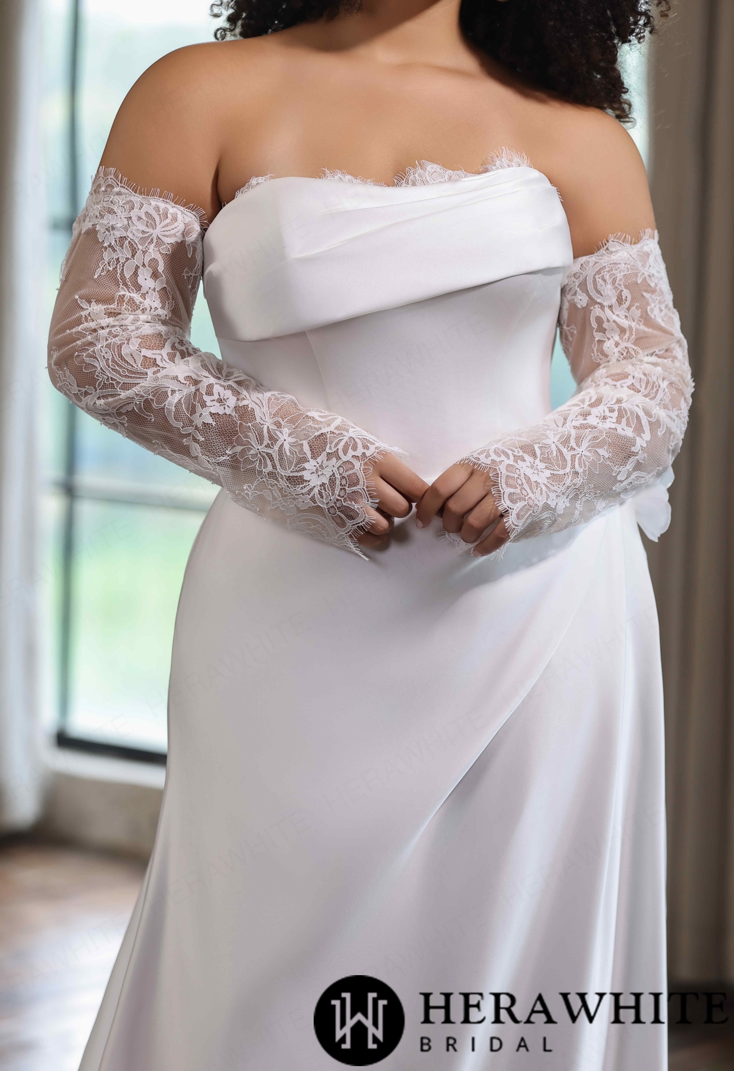 Matte Satin Strapless A-Line Gown with Detachable Lace Sleeve