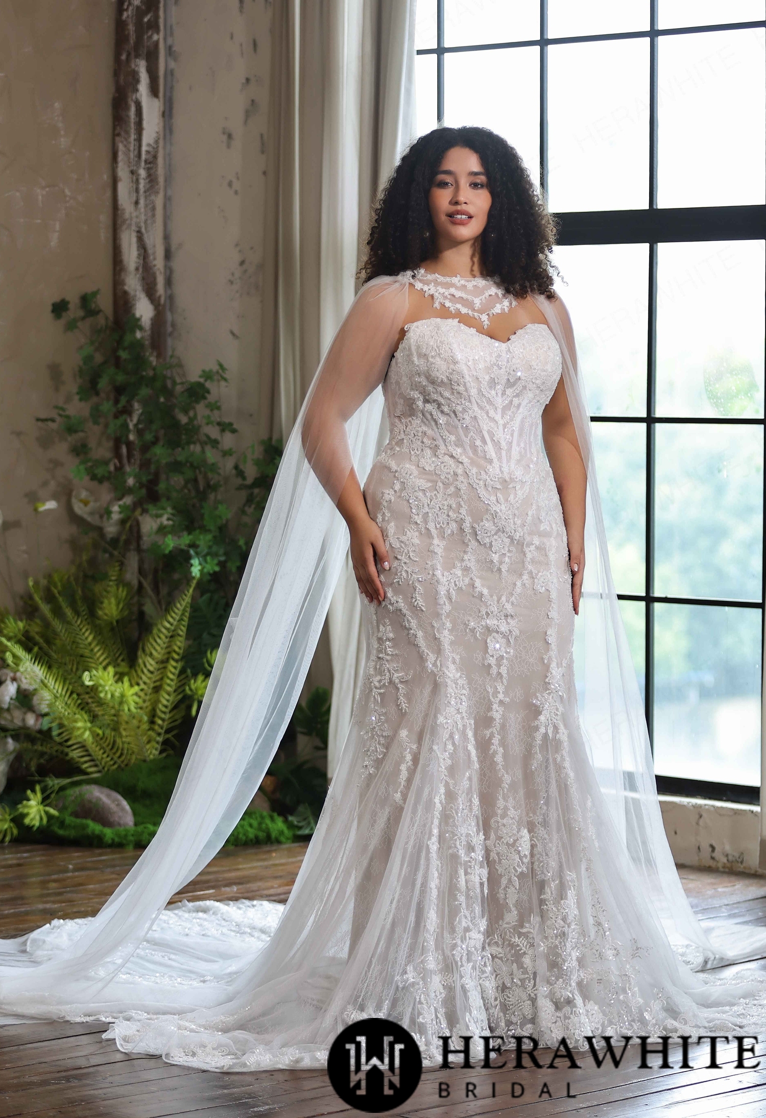 Luxury Beaded Floral Lace Plus Size Mermaid Wedding