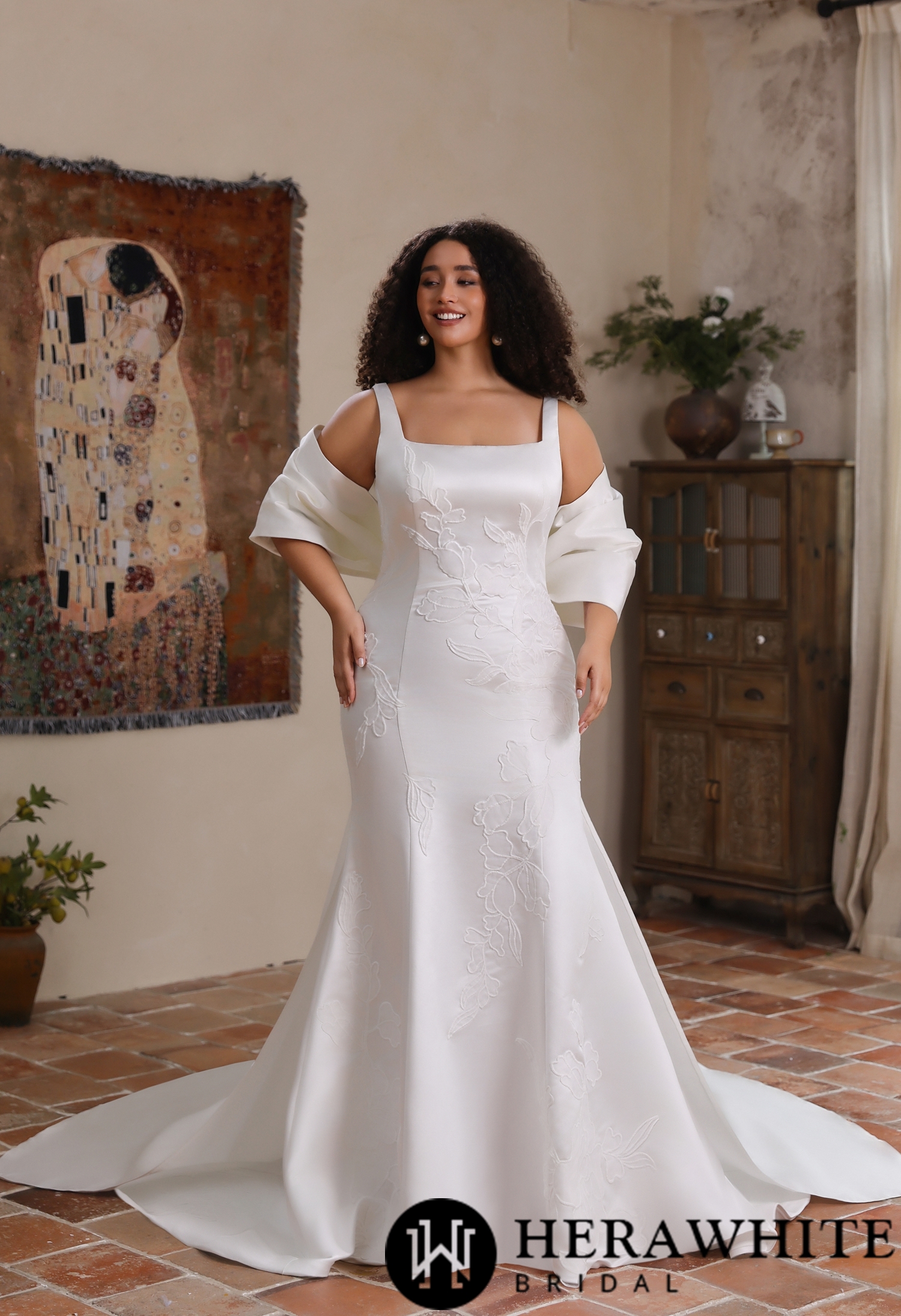 Minimalist Curvy Fit Satin Bridal Gown with Handcrafted Floral Embroidery