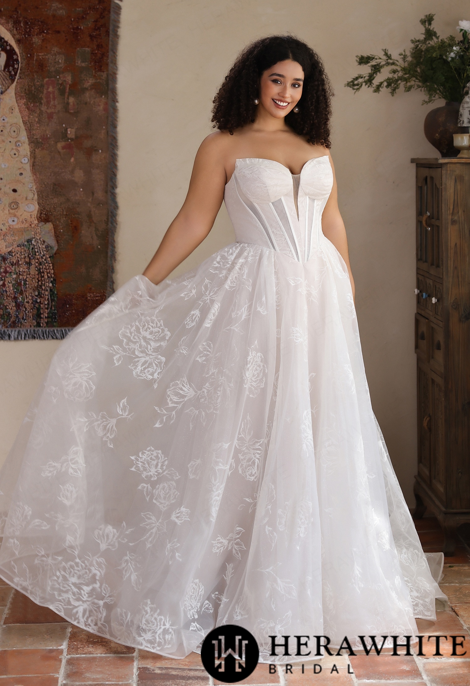 Strapless Organza A Line Gown with Floral Embroidery