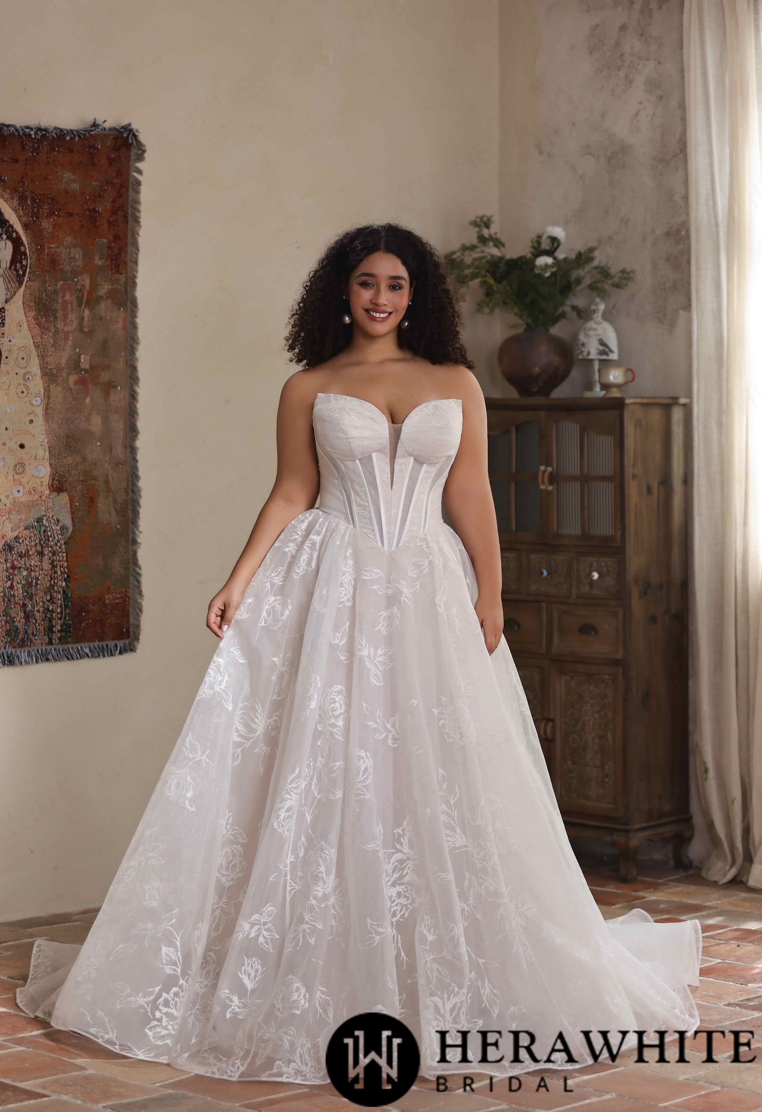 Strapless Organza A Line Gown with Floral Embroidery
