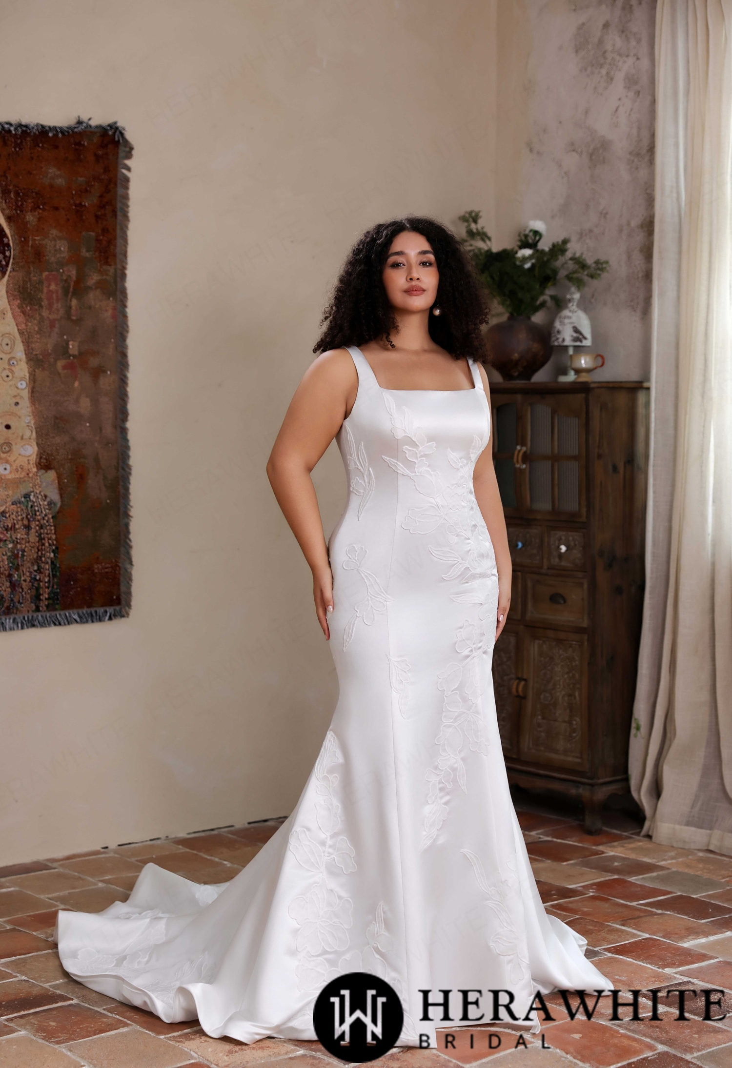Minimalist Curvy Fit Satin Bridal Gown with Handcrafted Floral Embroidery