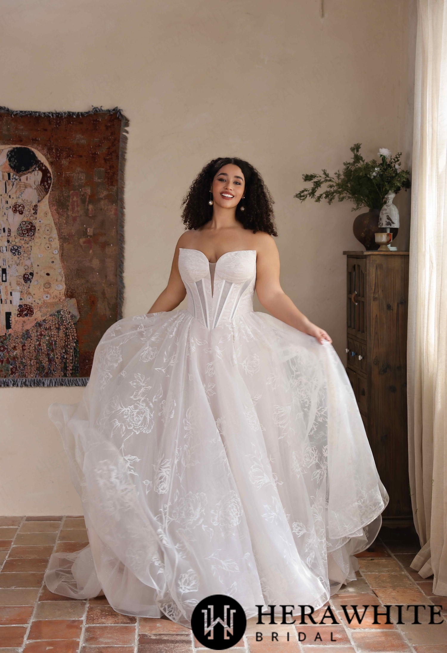 Strapless Organza A Line Gown with Floral Embroidery