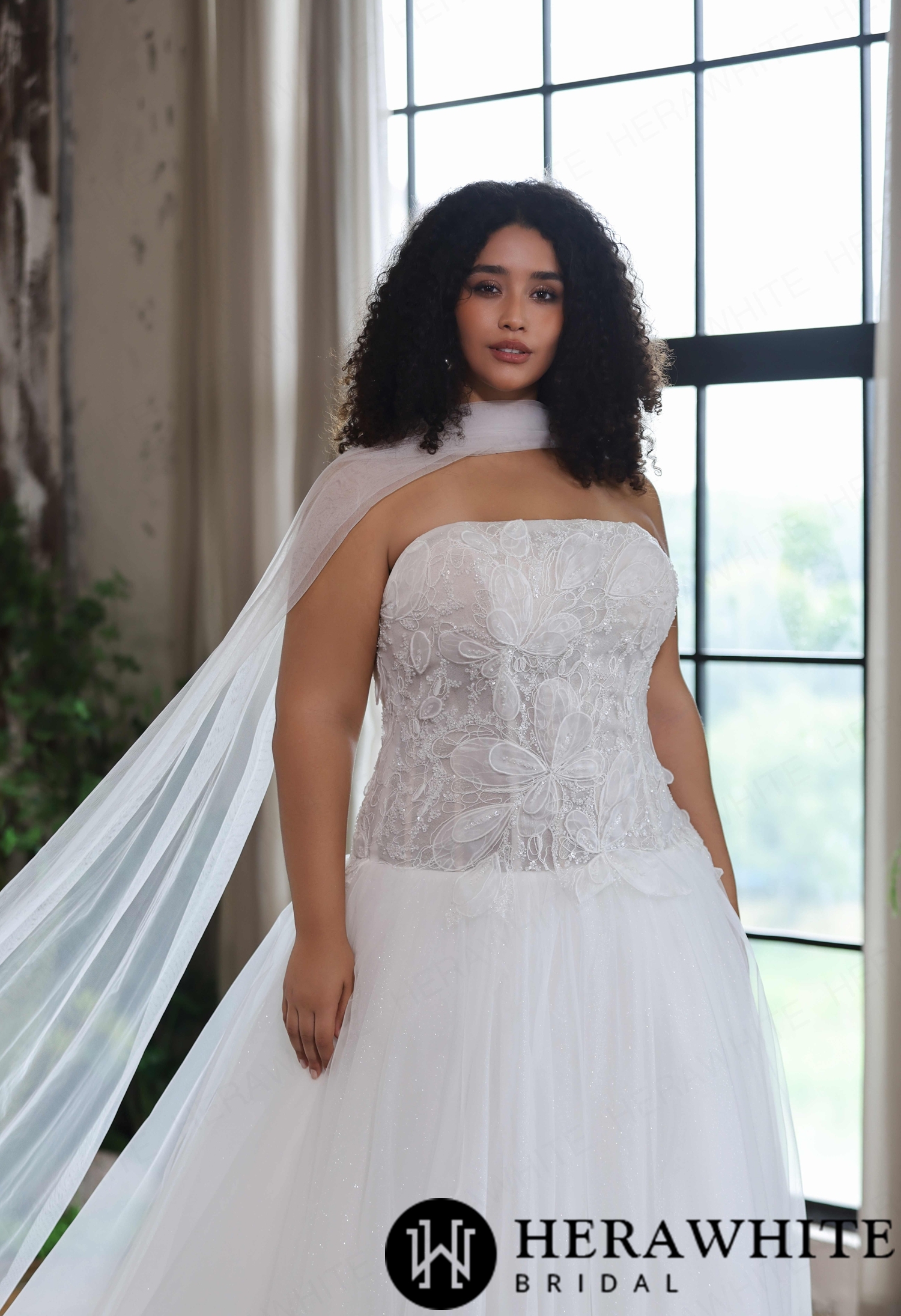 Strapless Glitter Tulle Ball Gown with Matching Sheer Tulle Shawl