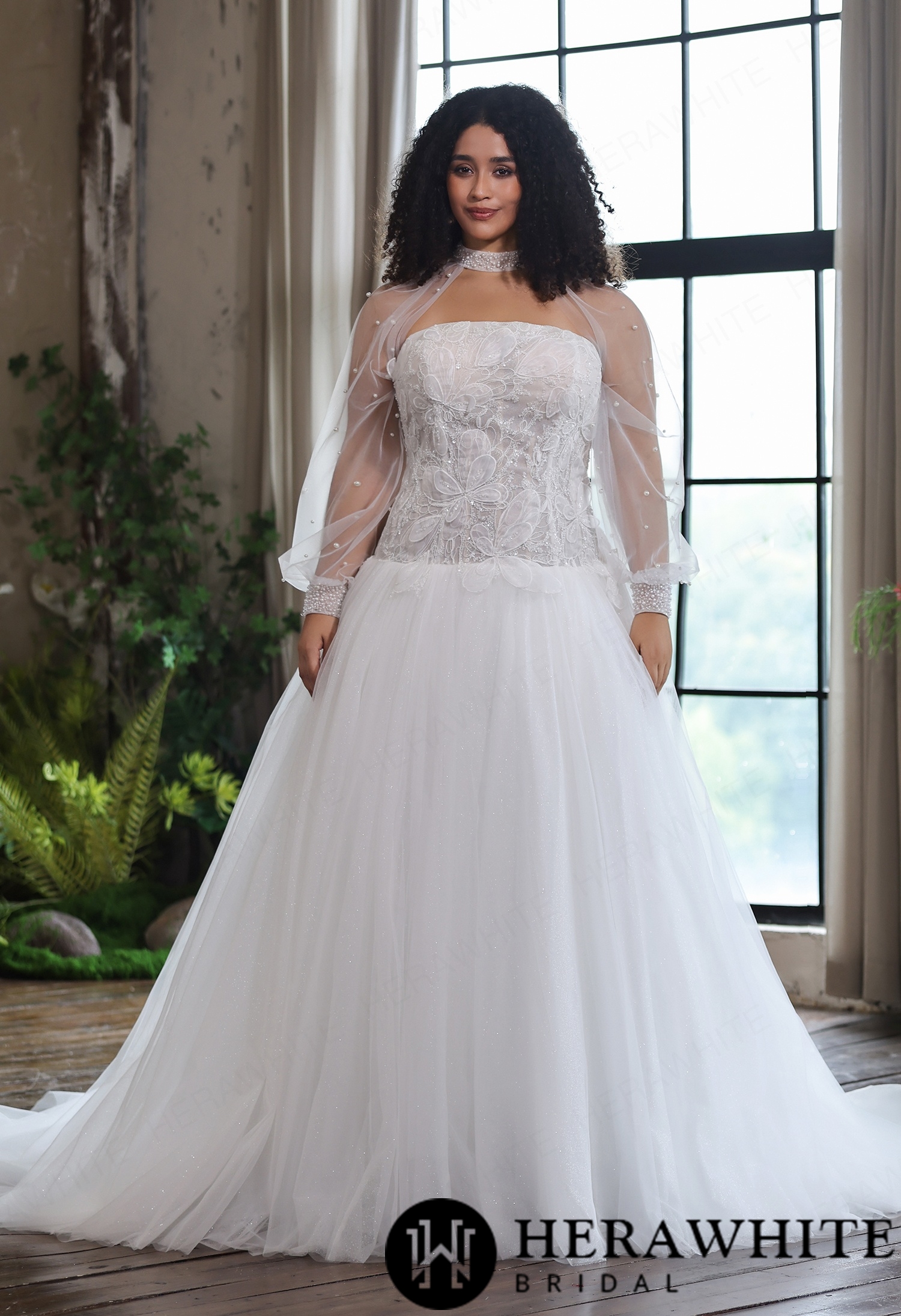 Strapless Glitter Tulle Ball Gown with Matching Sheer Tulle Shawl