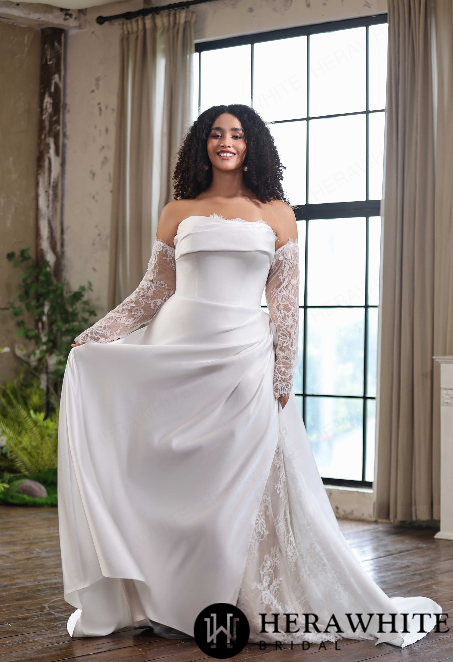 Matte Satin Strapless A-Line Gown with Detachable Lace Sleeve