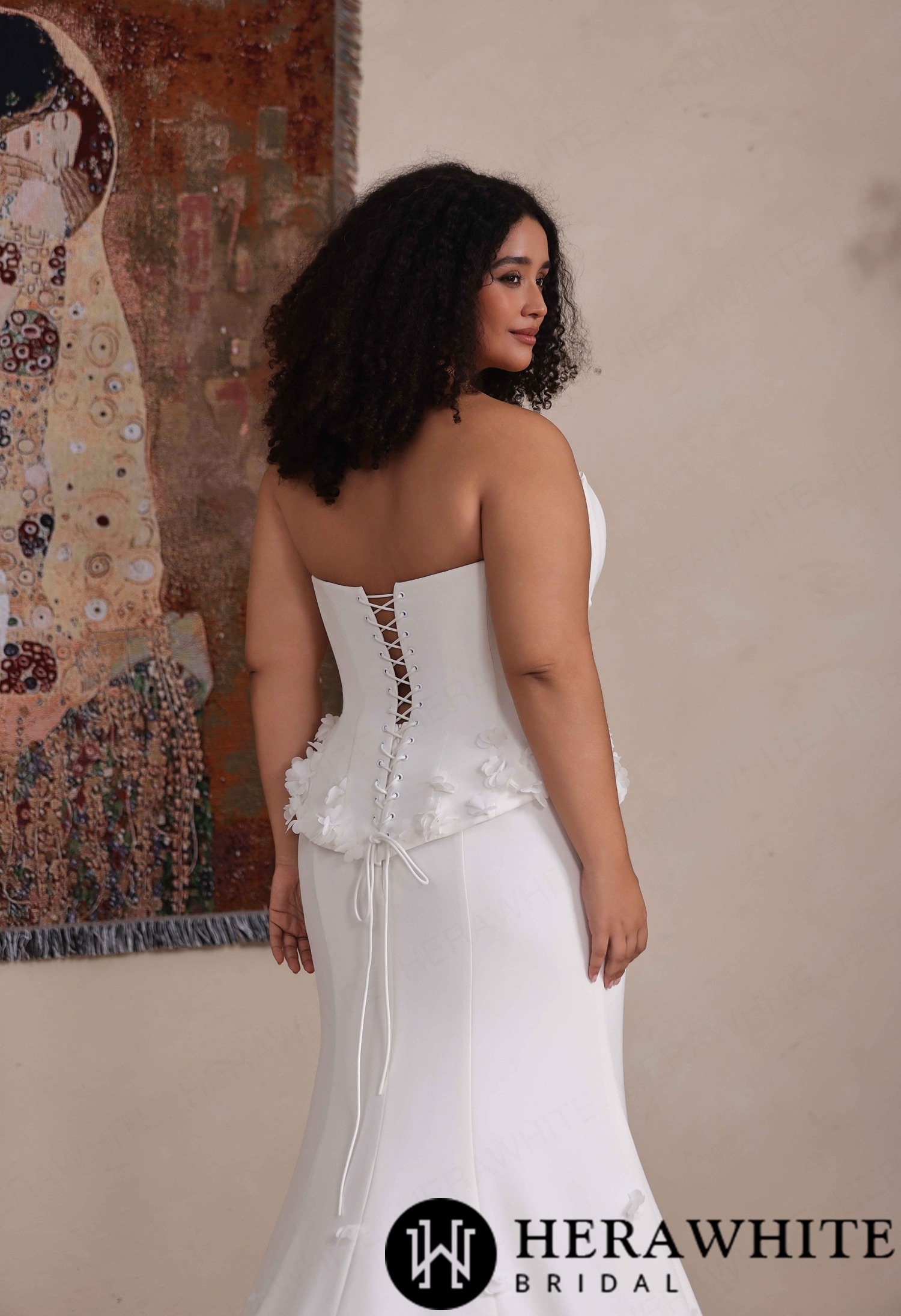 Matte Crepe Strapless Mermaid Gown with 3D Floral Peplum & Lace-Up Back