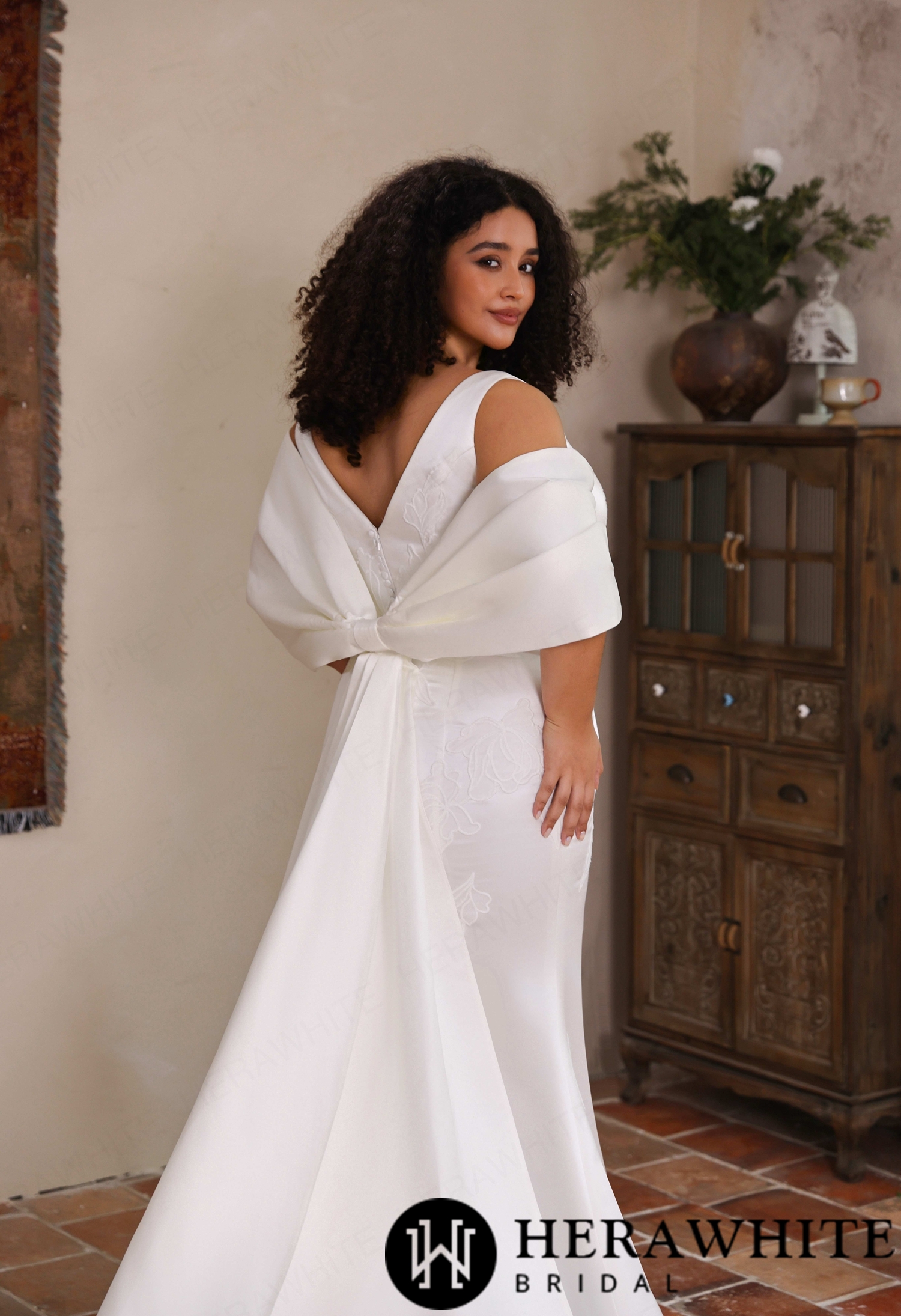 Minimalist Curvy Fit Satin Bridal Gown with Handcrafted Floral Embroidery