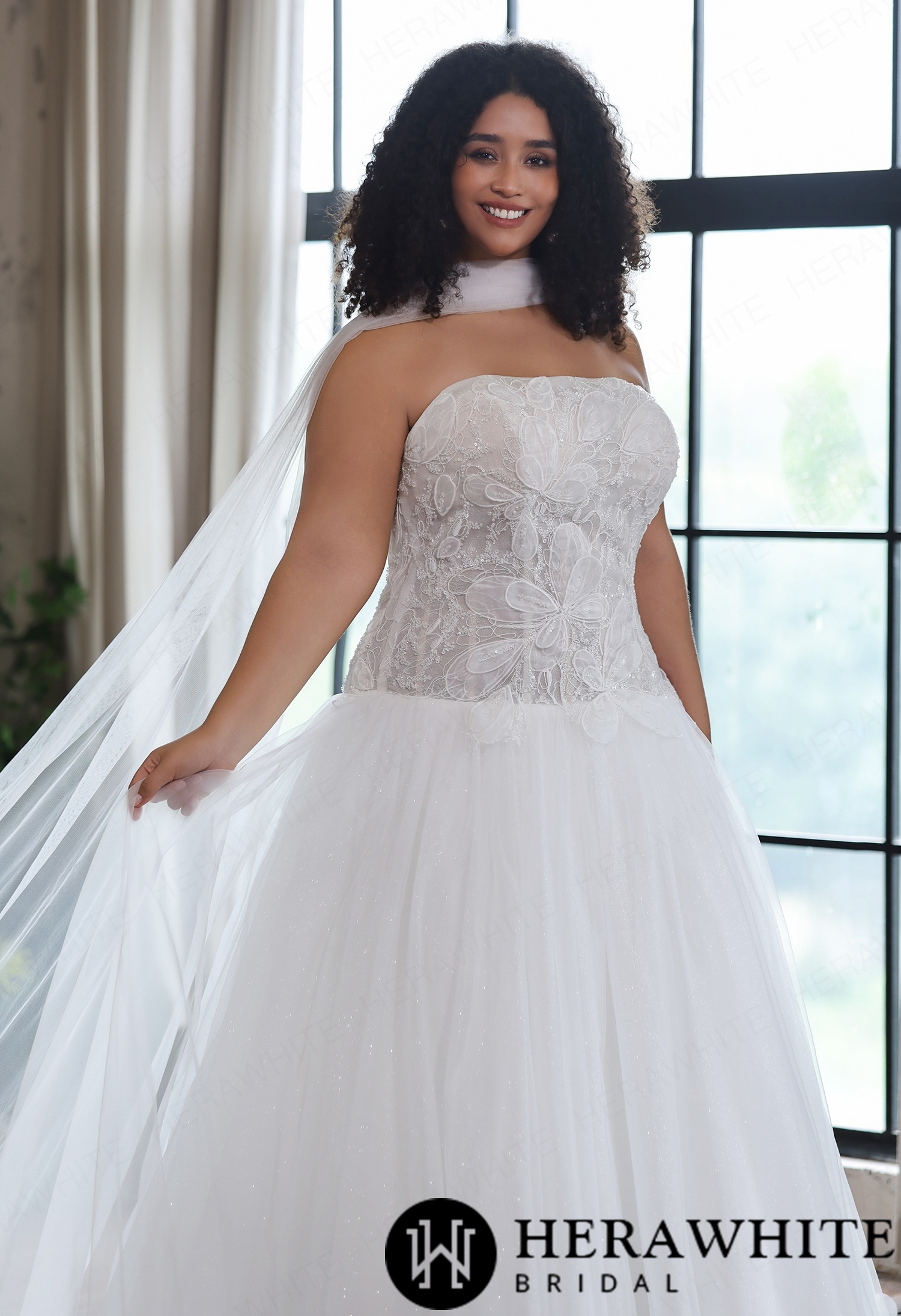 Strapless Glitter Tulle Ball Gown with Matching Sheer Tulle Shawl