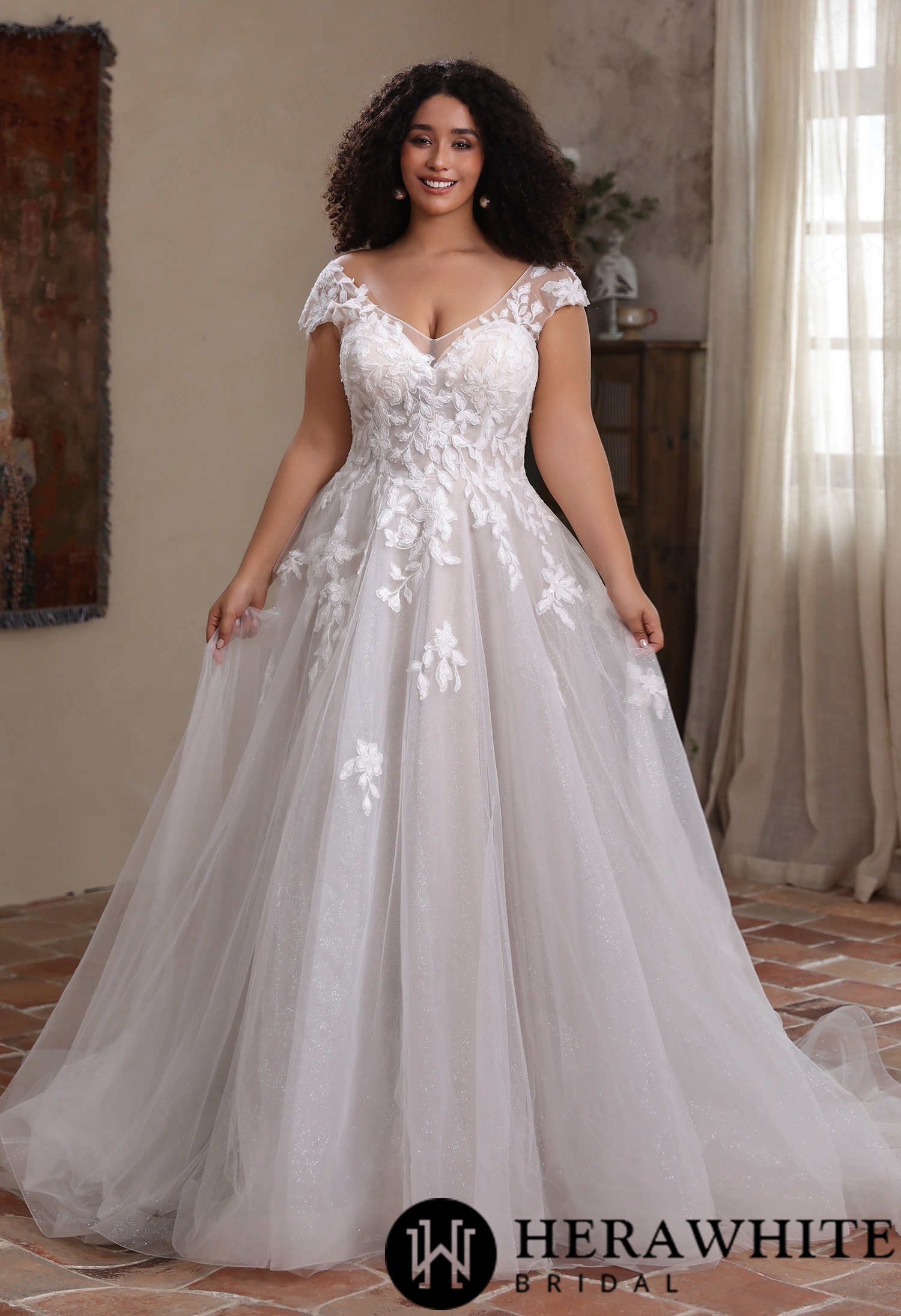 Whimsical Cap Sleeve Illusion V-Neck Plus Size A-Line Wedding Dress