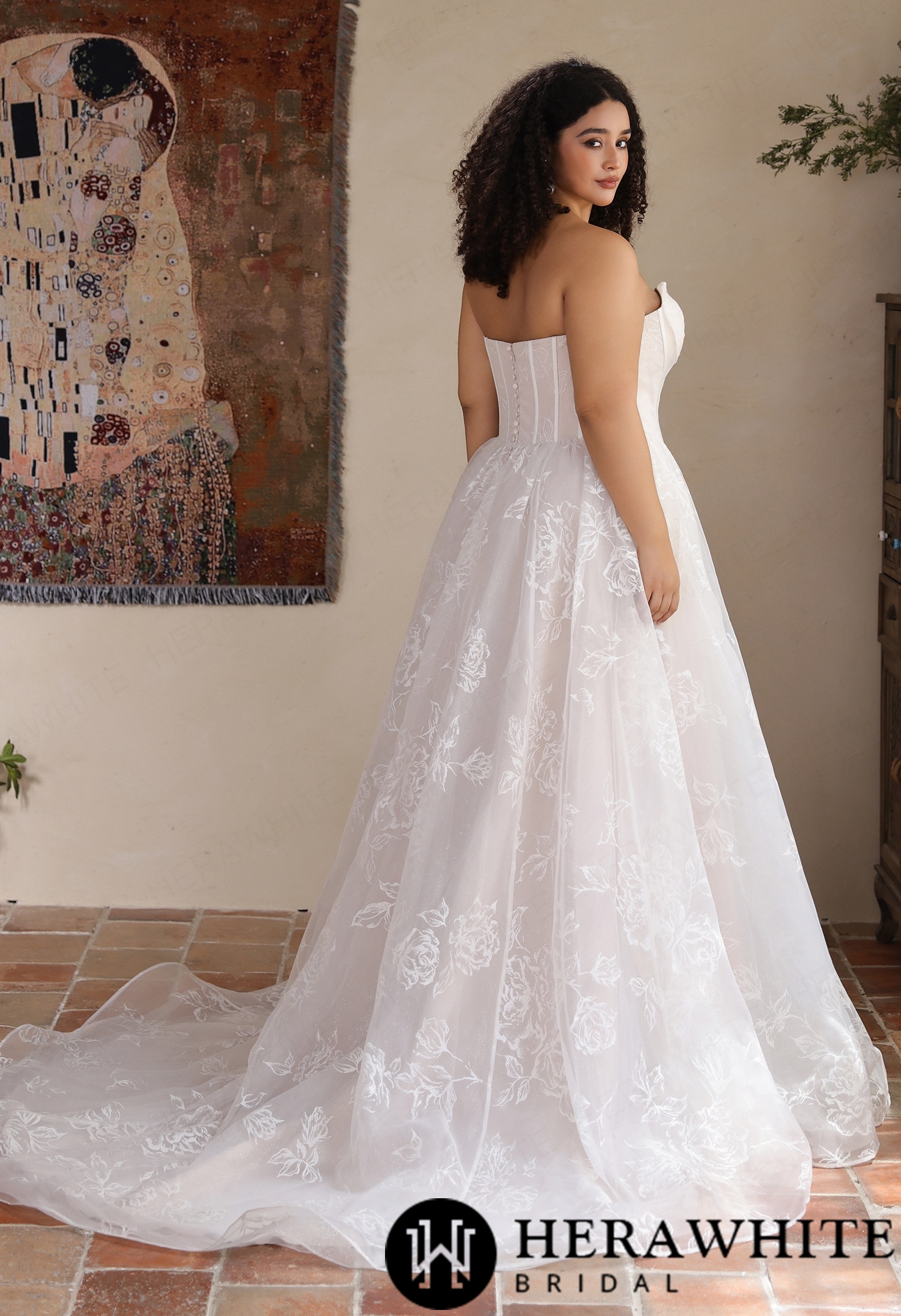 Strapless Organza A Line Gown with Floral Embroidery