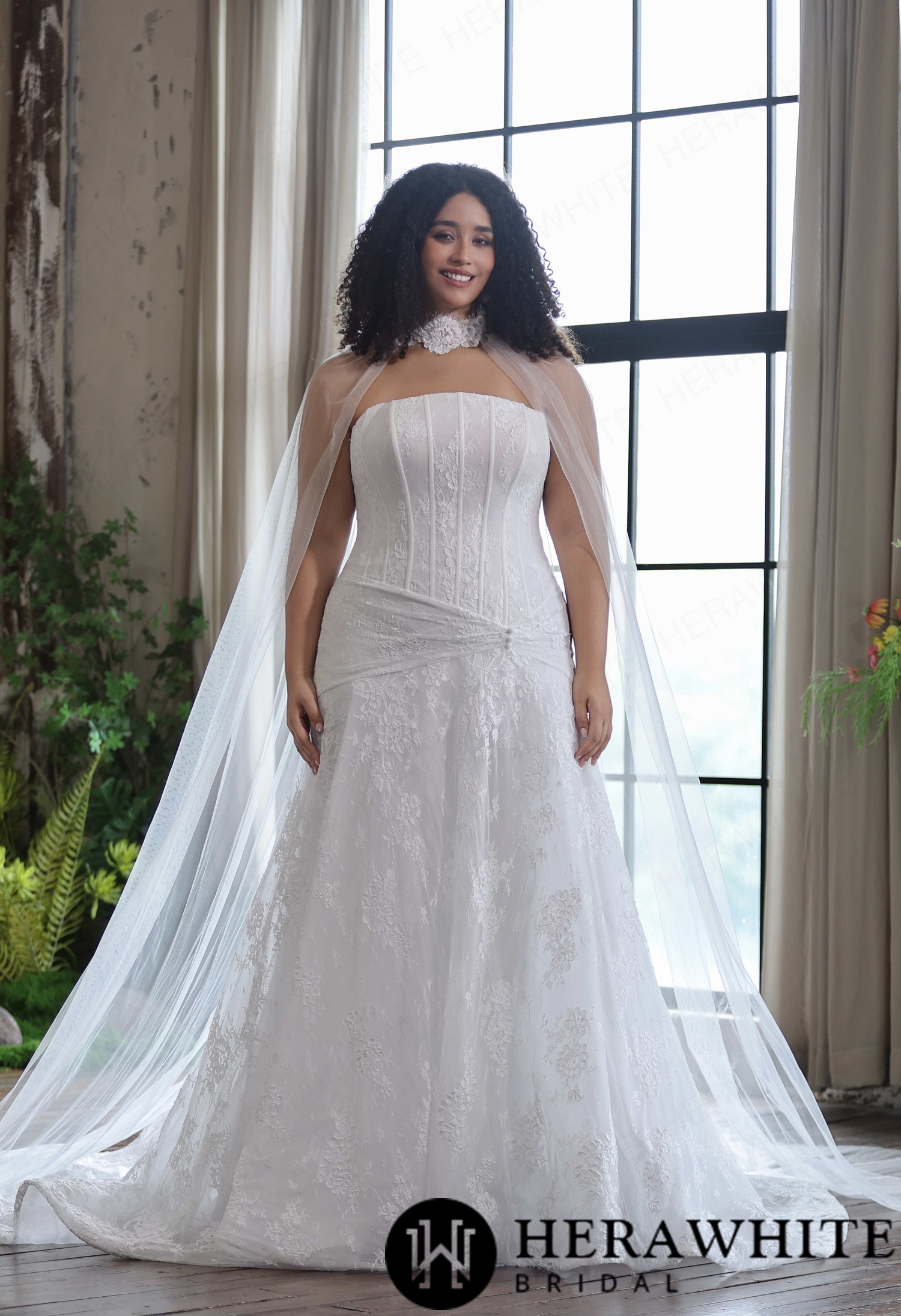 Romantic Strapless Curve Chantilly Lace Dress With Flowing Tulle Cape