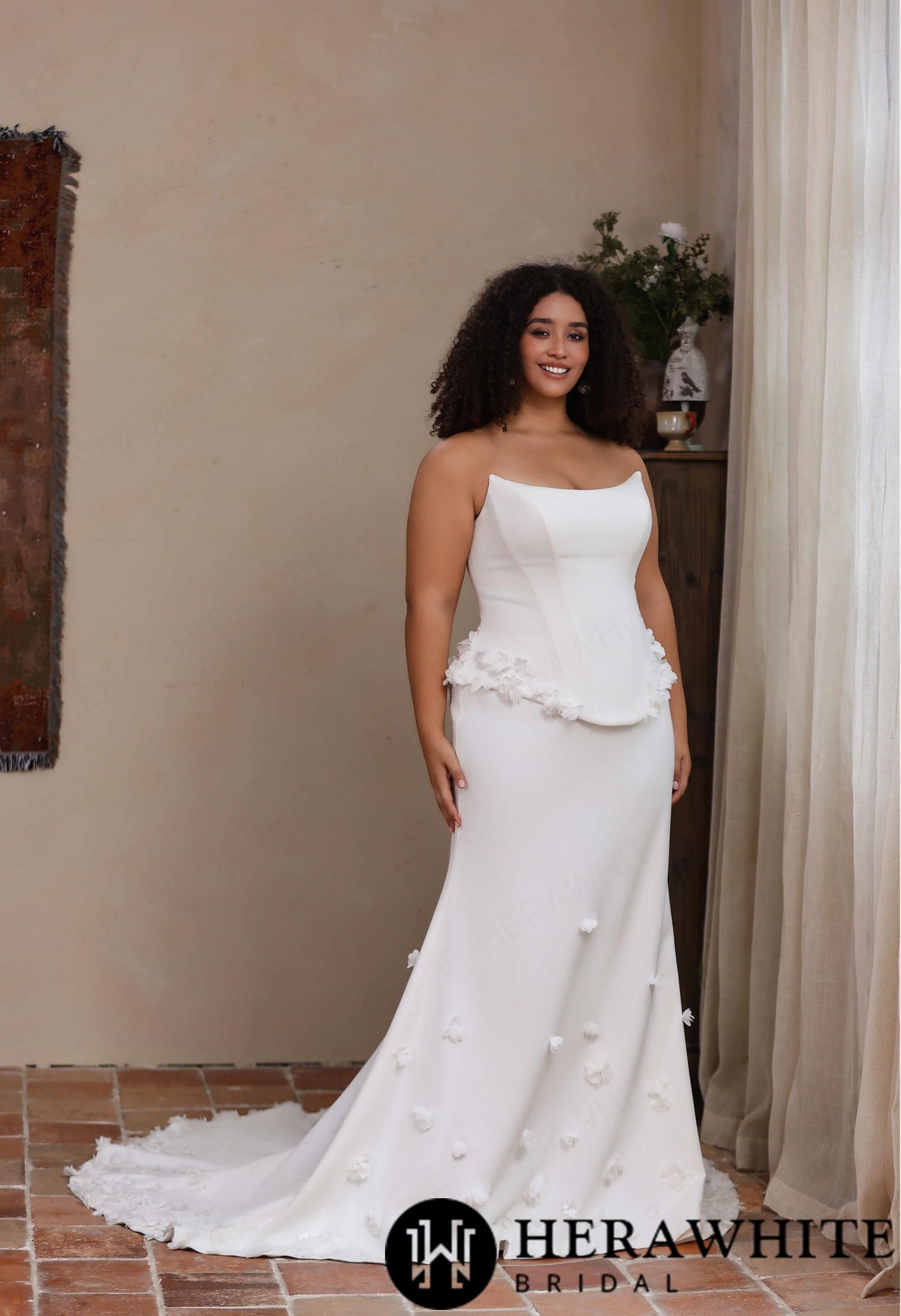 Matte Crepe Strapless Mermaid Gown with 3D Floral Peplum & Lace-Up Back