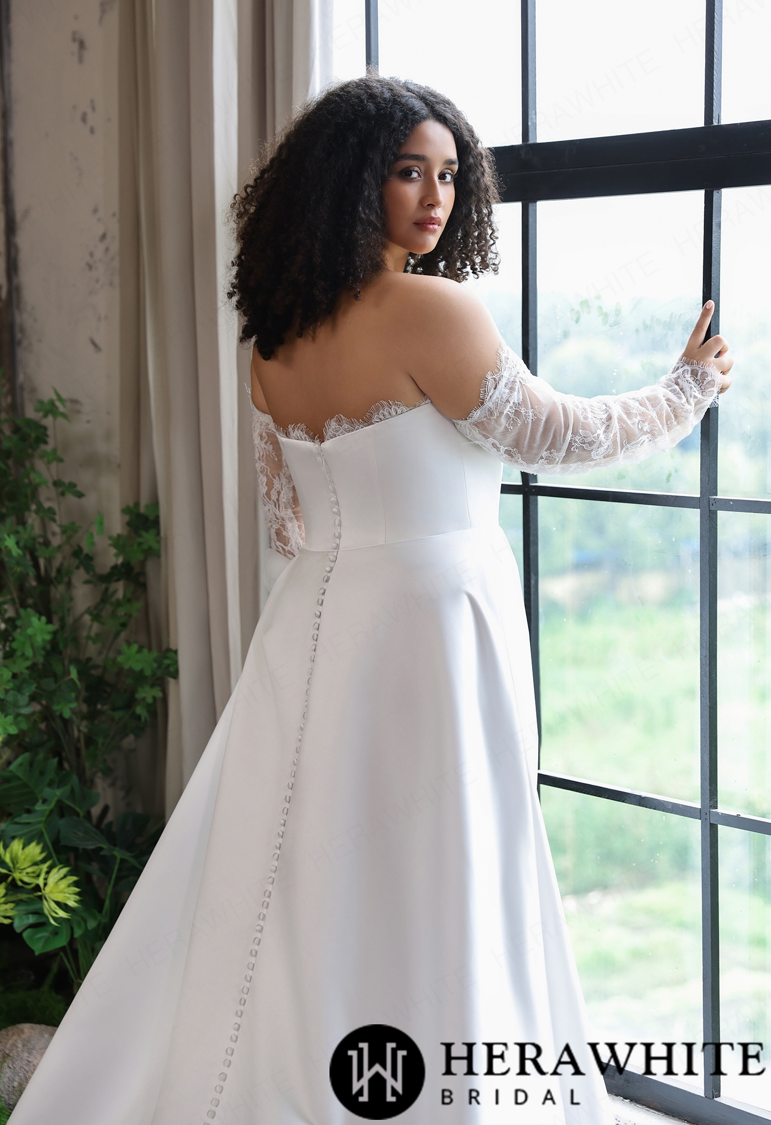 Matte Satin Strapless A-Line Gown with Detachable Lace Sleeve