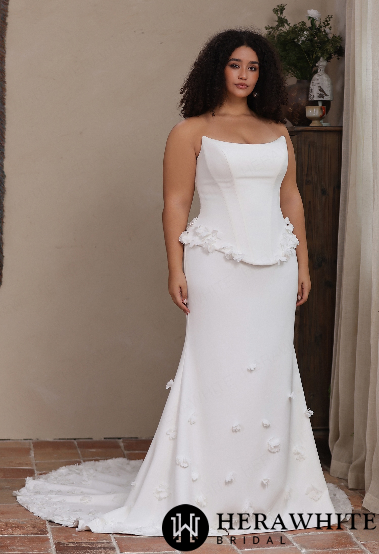 Matte Crepe Strapless Mermaid Gown with 3D Floral Peplum & Lace-Up Back