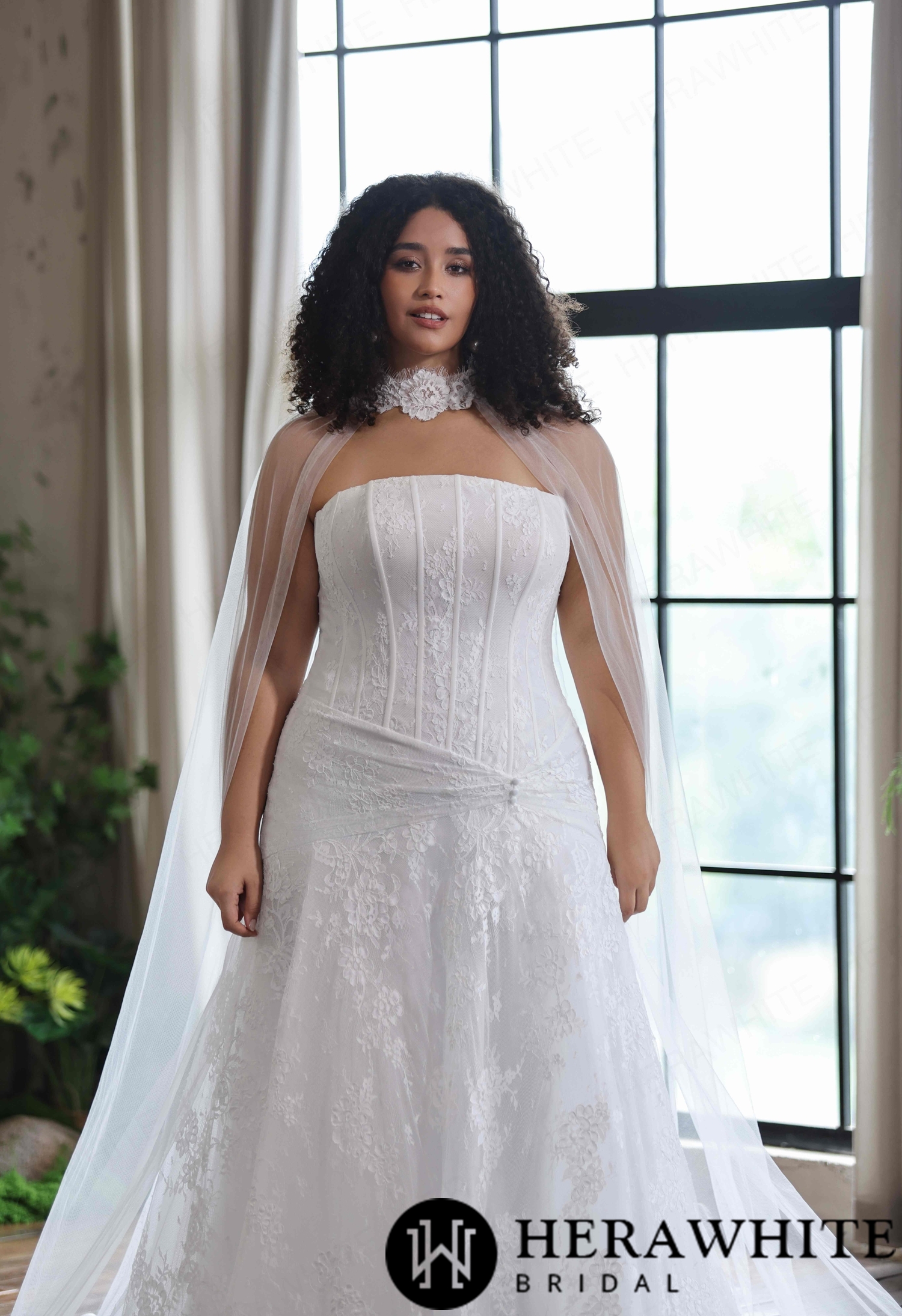 Romantic Strapless Curve Chantilly Lace Dress With Flowing Tulle Cape