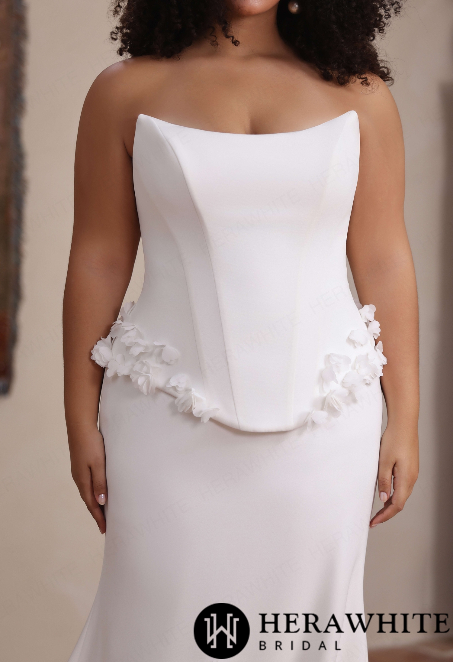 Matte Crepe Strapless Mermaid Gown with 3D Floral Peplum & Lace-Up Back