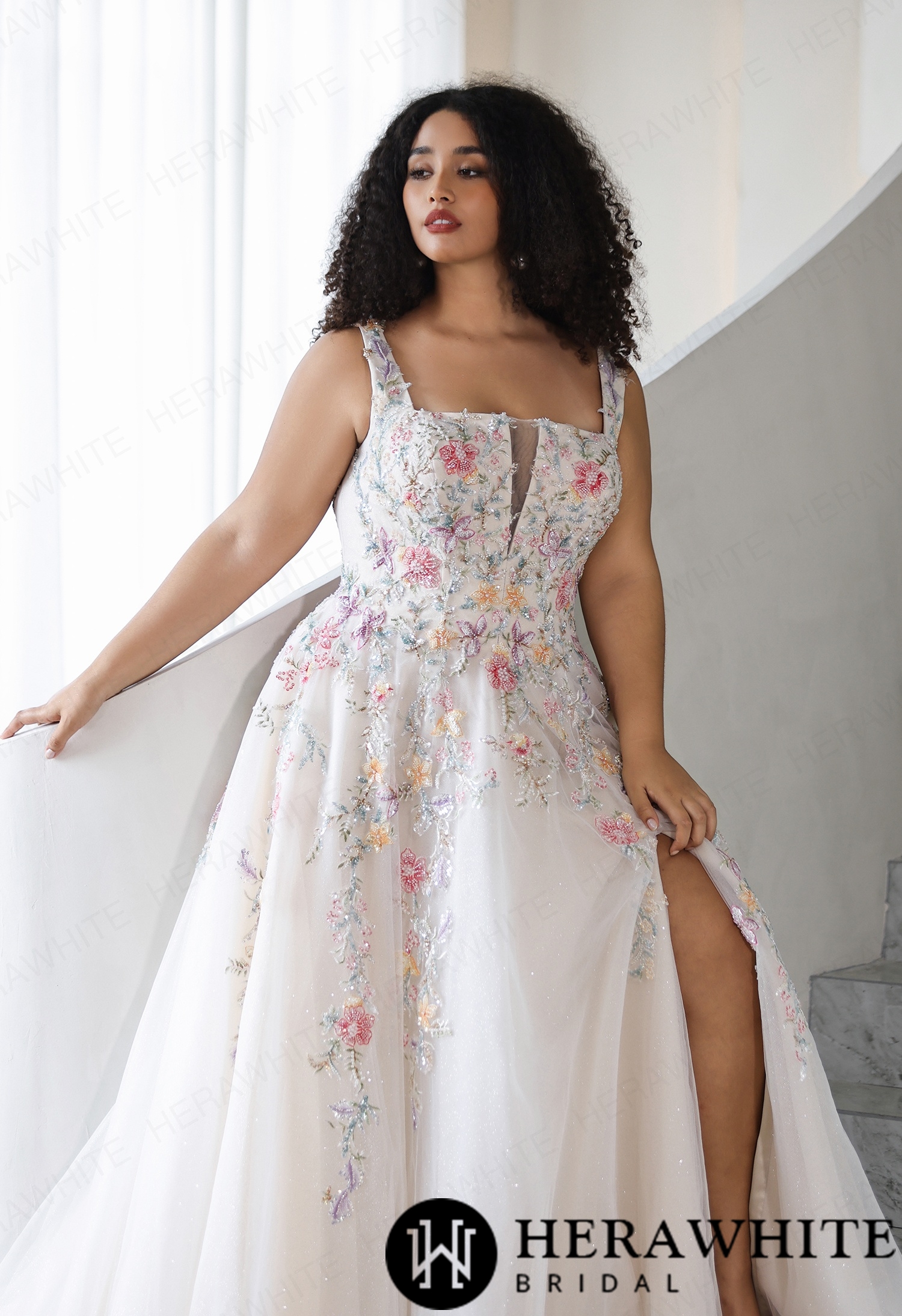 Whimsical Beaded Floral Embroidered Plus Size A-Line Wedding Dress