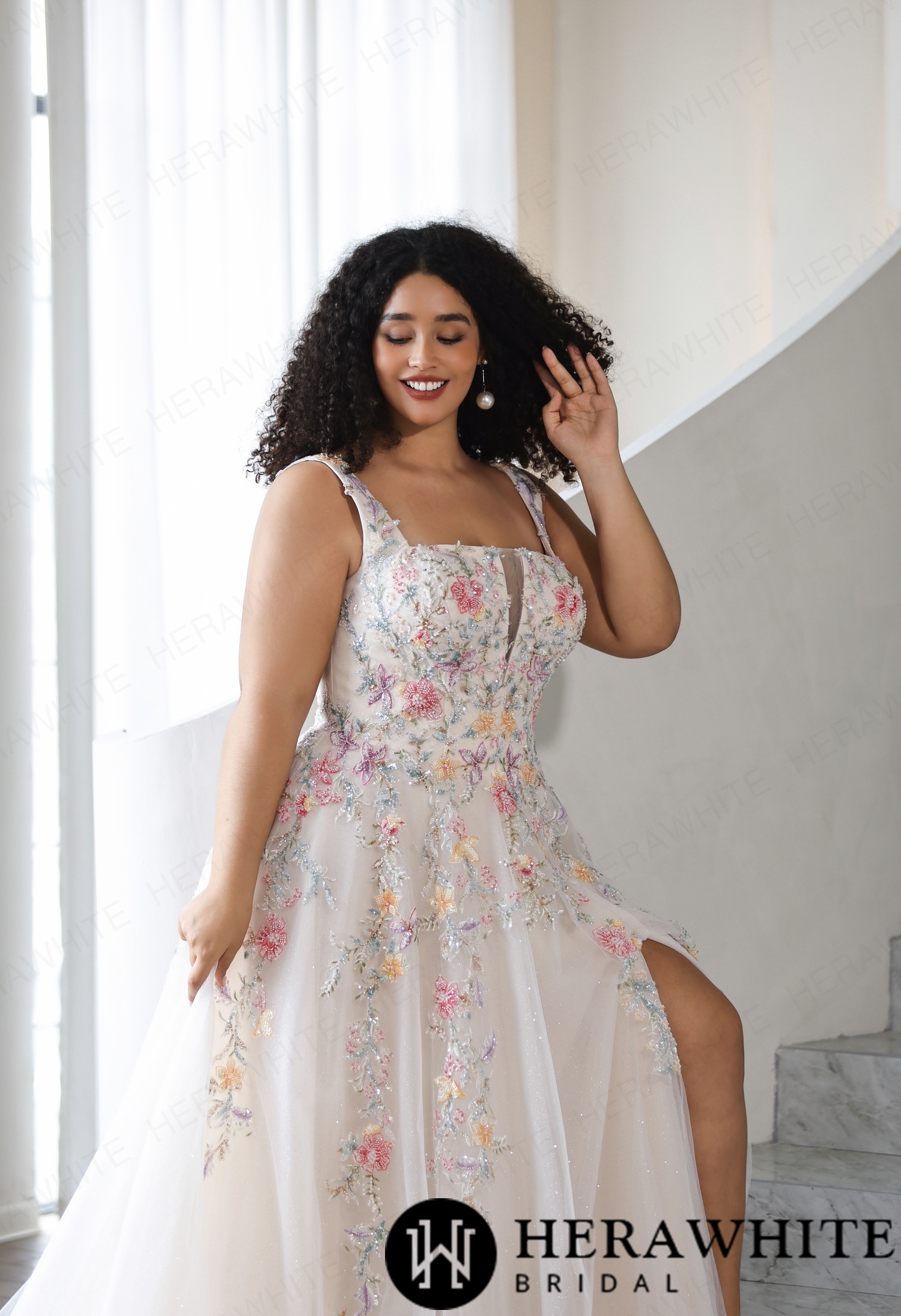 Whimsical Beaded Floral Embroidered Plus Size A-Line Wedding Dress