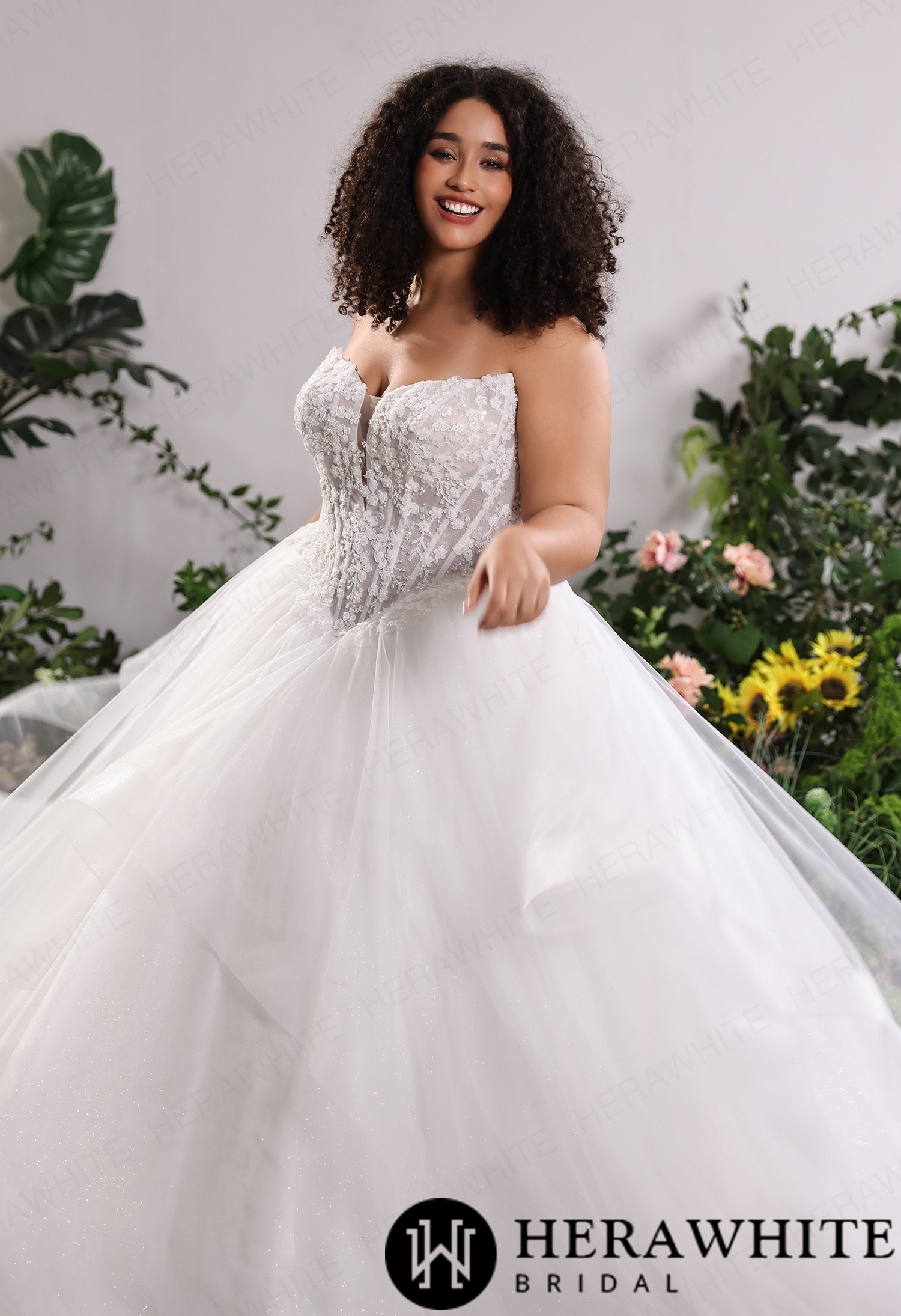 Ethereal Strapless Sweetheart Lace Plus Size Ballgown Wedding Dress with Ruffled Tulle Skirt