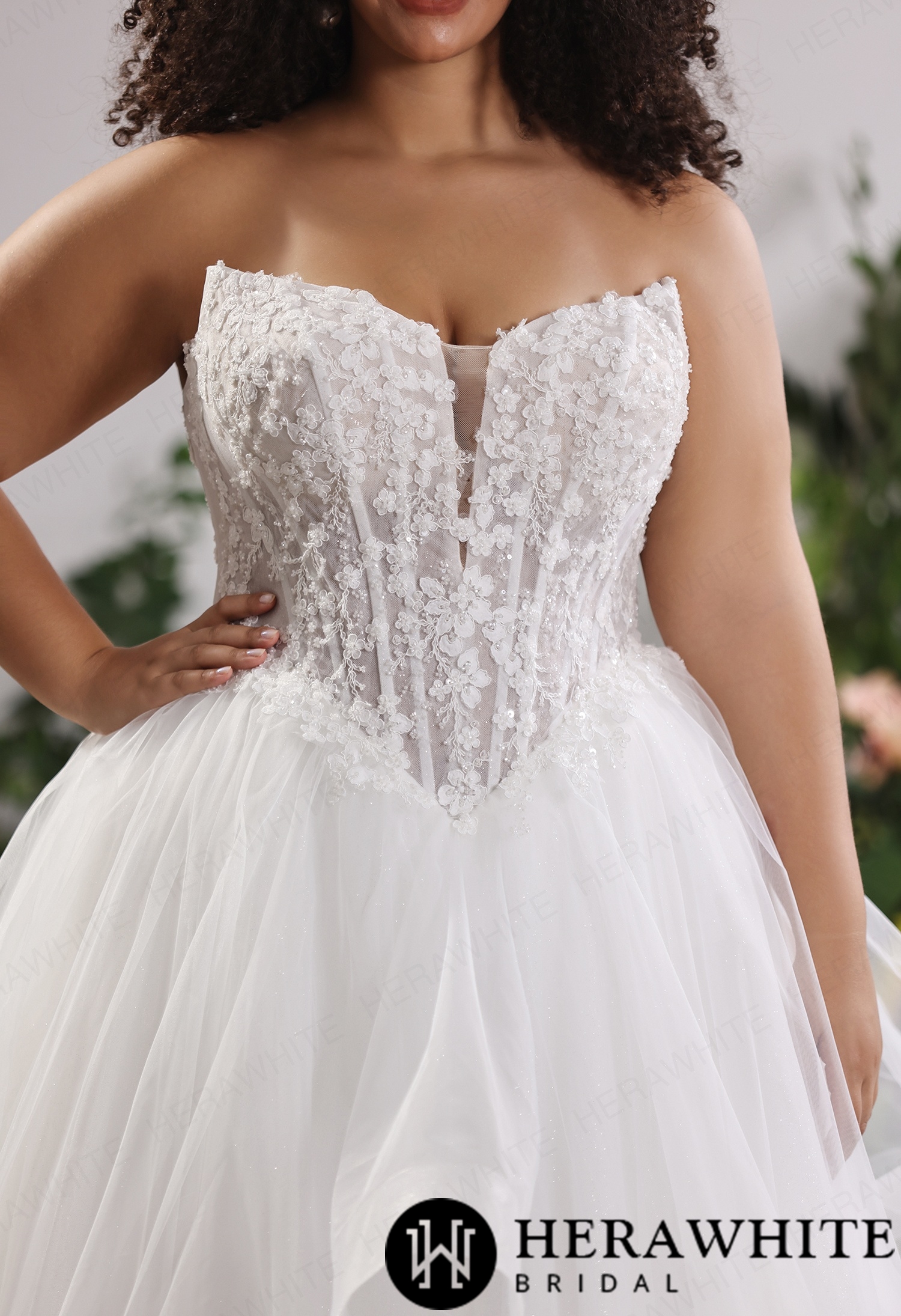 Ethereal Strapless Sweetheart Lace Plus Size Ballgown Wedding Dress with Ruffled Tulle Skirt