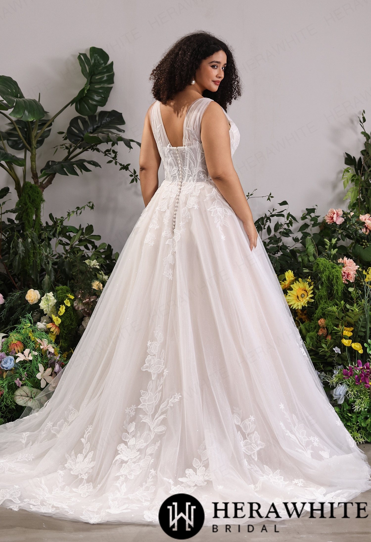 Classic Deep V Lace A-Line Bridal Gown for Curvy Brides
