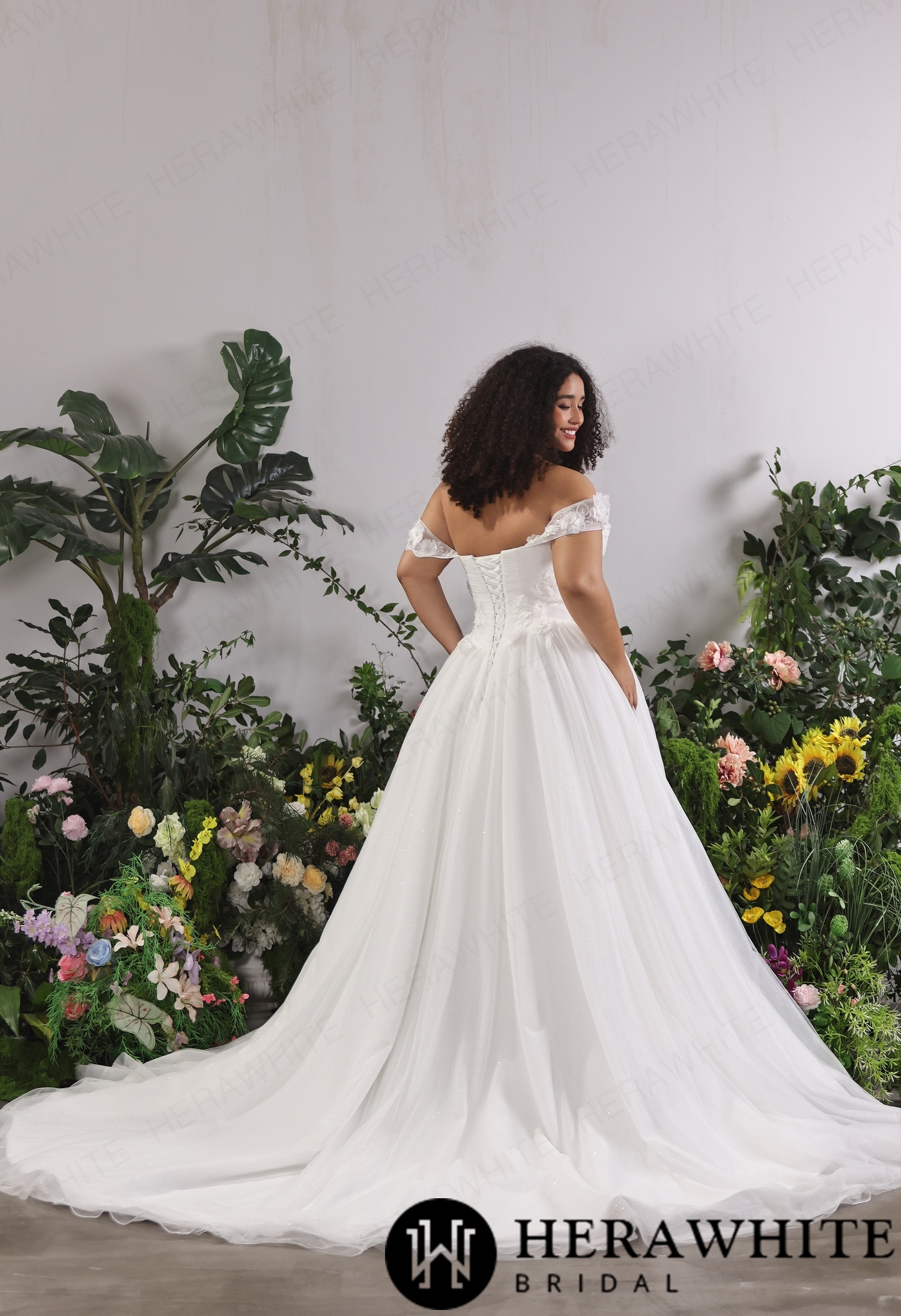 Bardot Tulle Ballgown For Curvaceous Silhouettes With Raised Floral Detailing