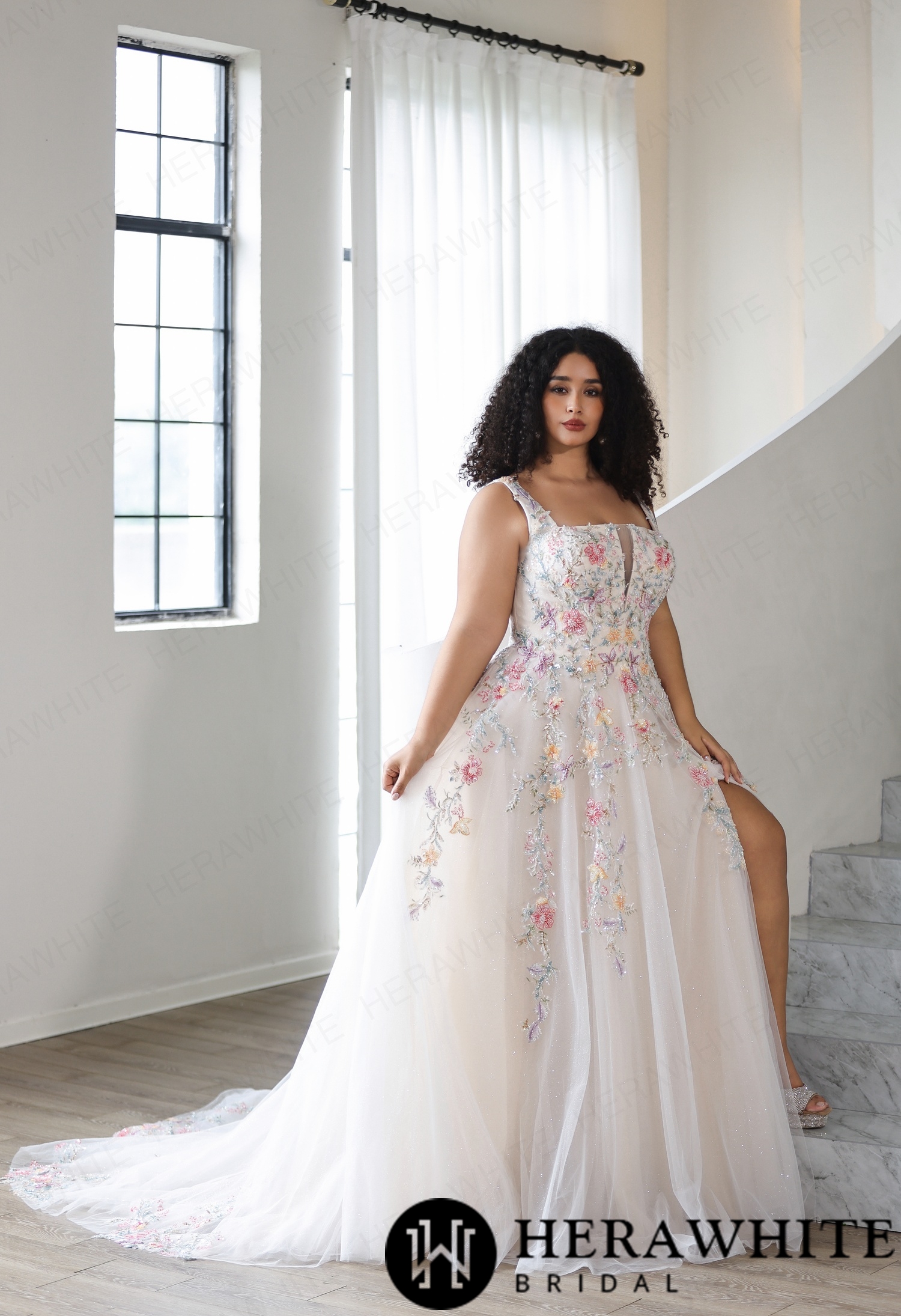 Whimsical Beaded Floral Embroidered Plus Size A-Line Wedding Dress
