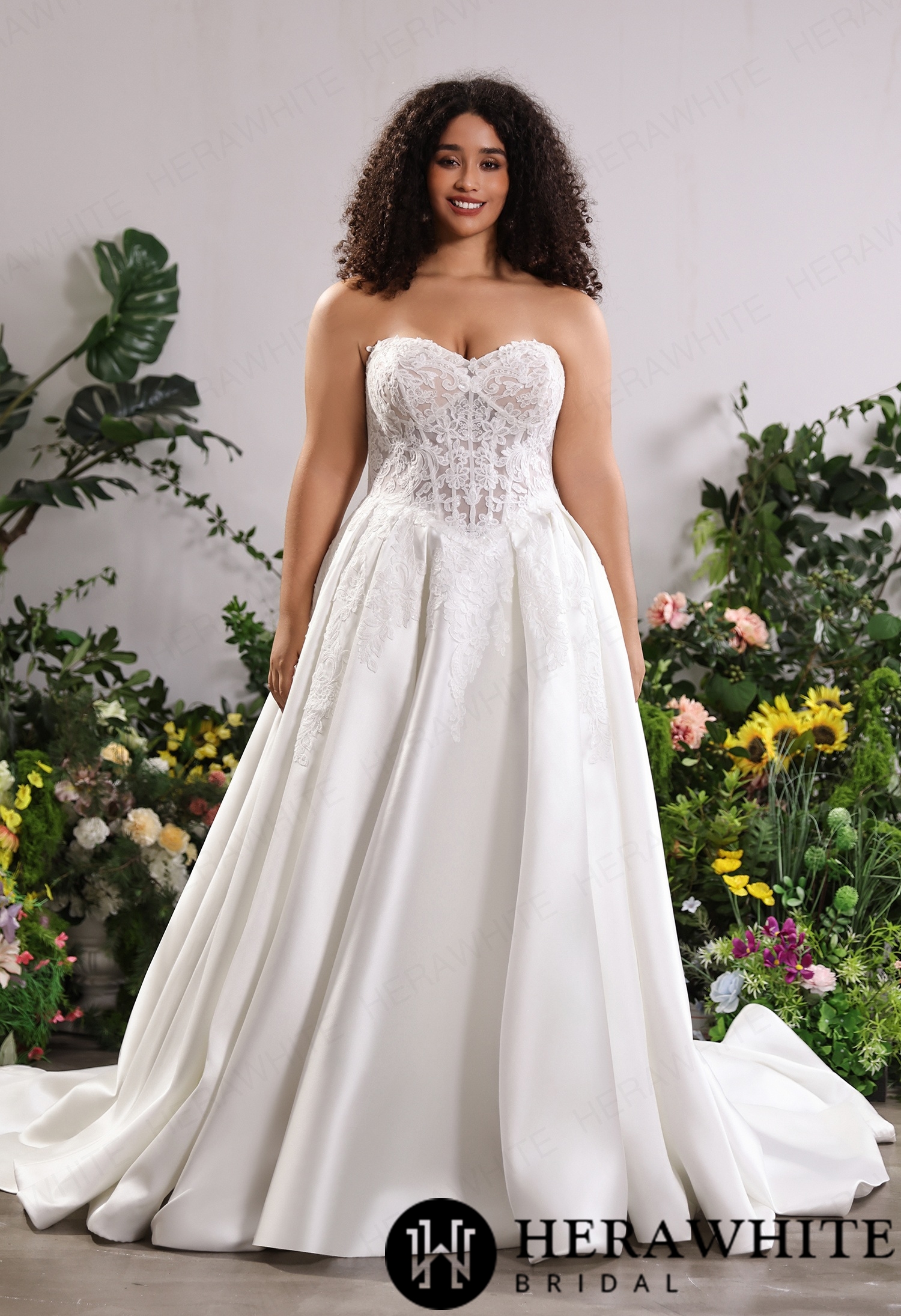 Lustrous Fluid Mikado Bridal Silhouette – Convertible Lace Overlay Jacket with Sheer Floral Arm Cuffs & Front Slit Train