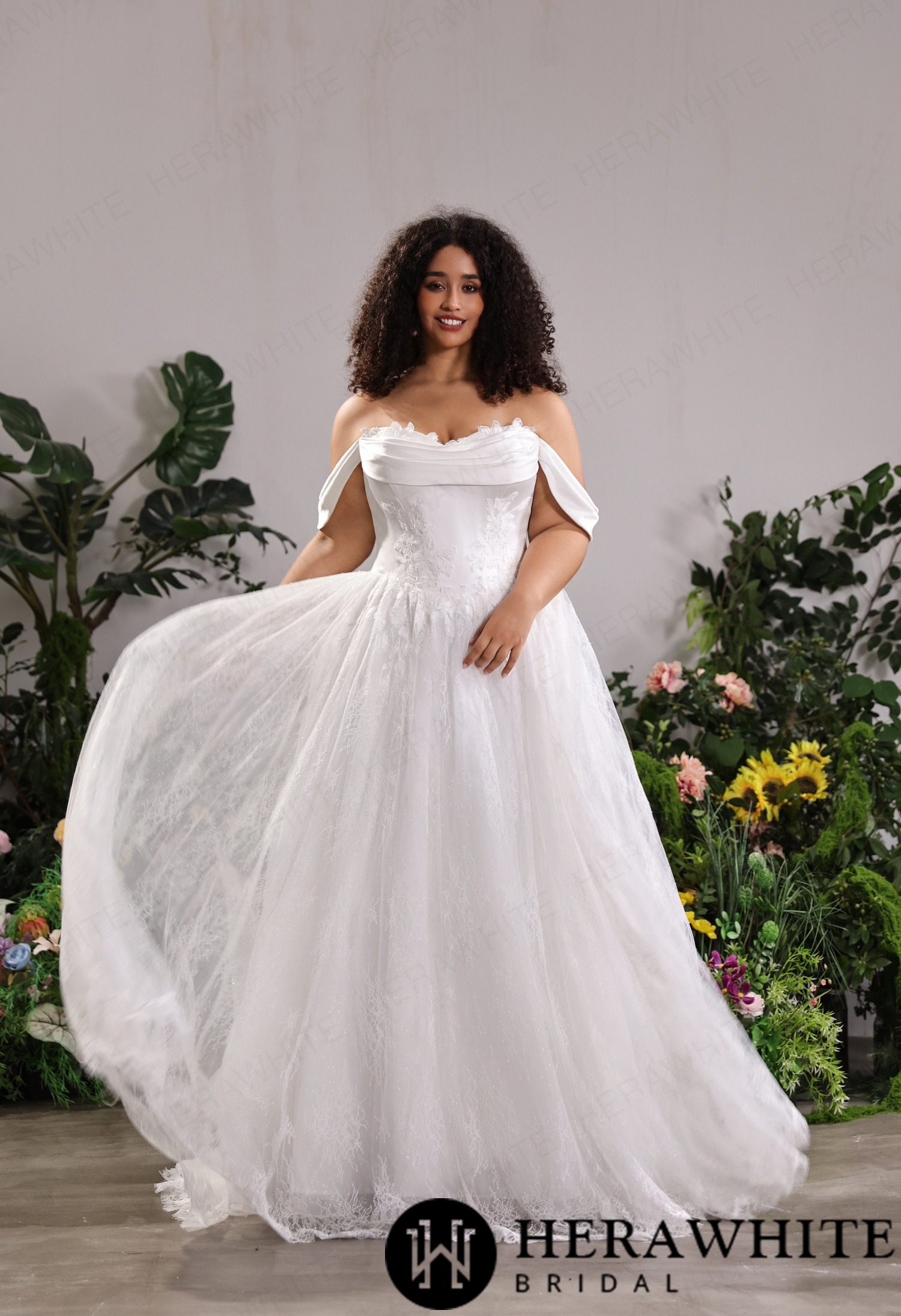 Off-the-Shoulder Satin Lace Ball Gown with Matching Satin Straps