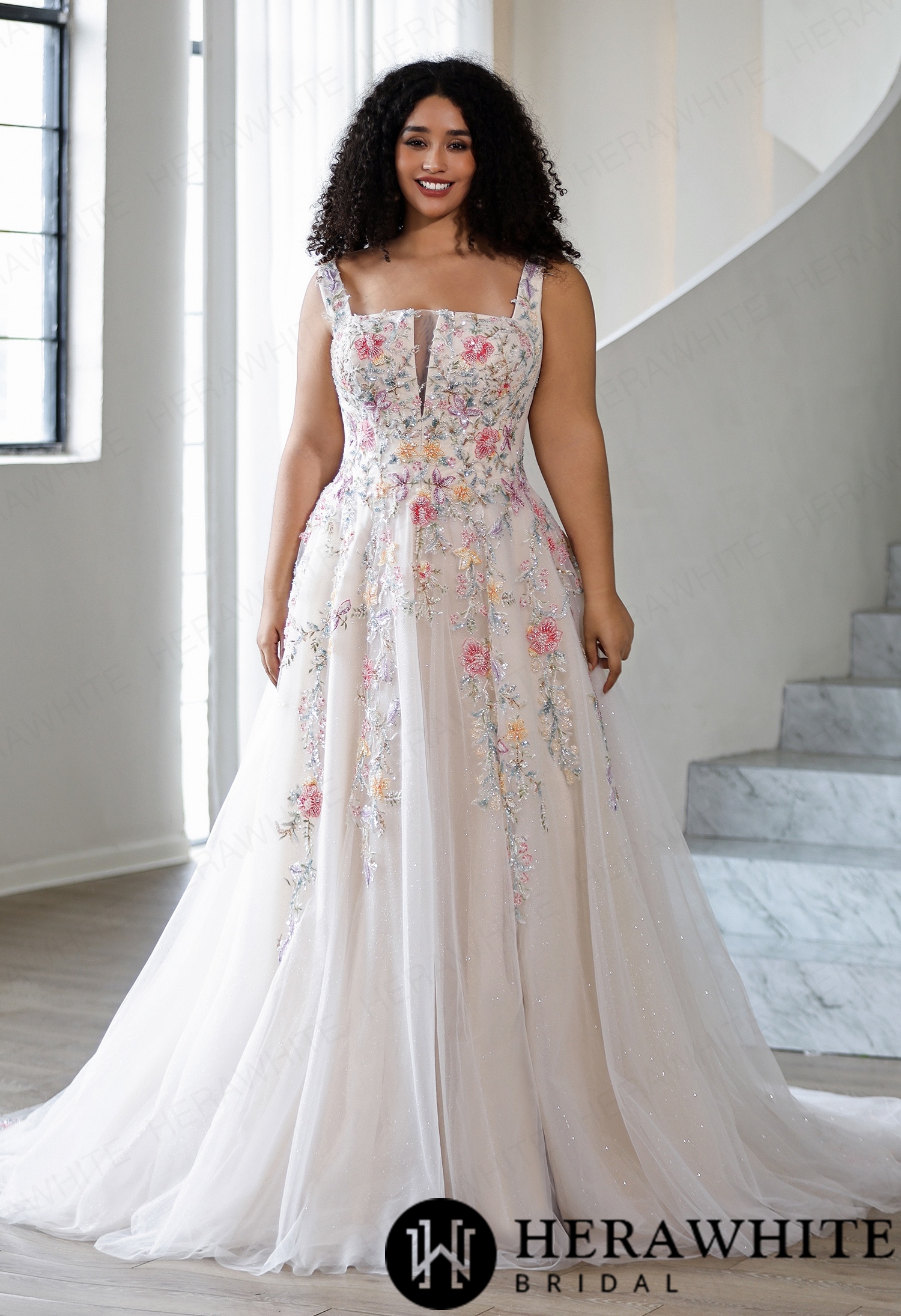 Whimsical Beaded Floral Embroidered Plus Size A-Line Wedding Dress