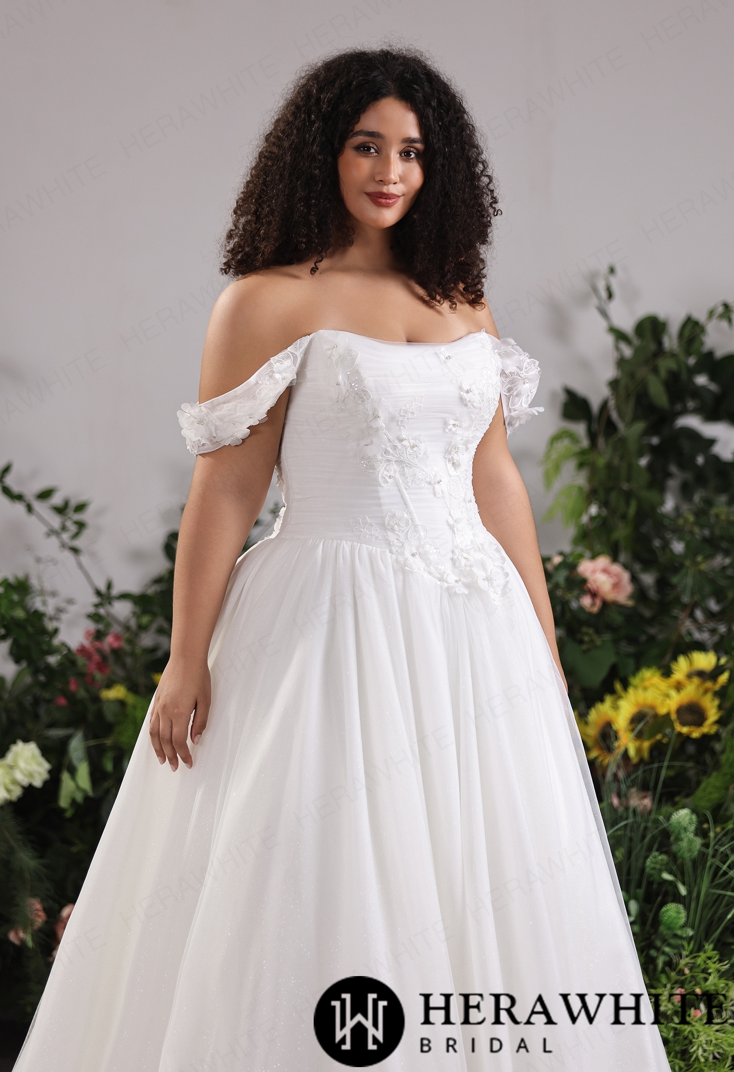 Bardot Tulle Ballgown For Curvaceous Silhouettes With Raised Floral Detailing