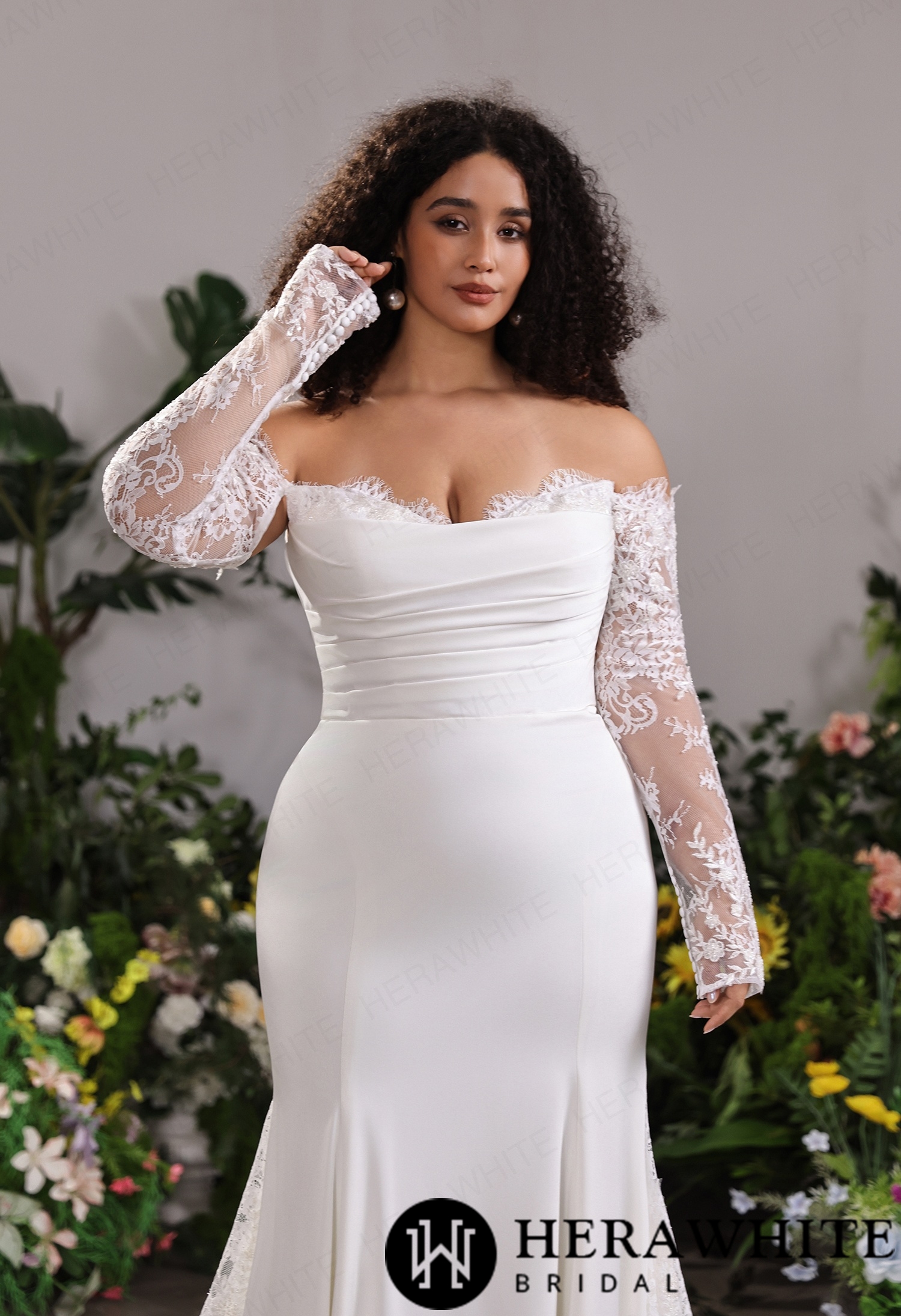Pleated Satin Wedding Dress– Removable Chantilly Lace Arm Sleeves & Asymmetrical Lace Flank Train
