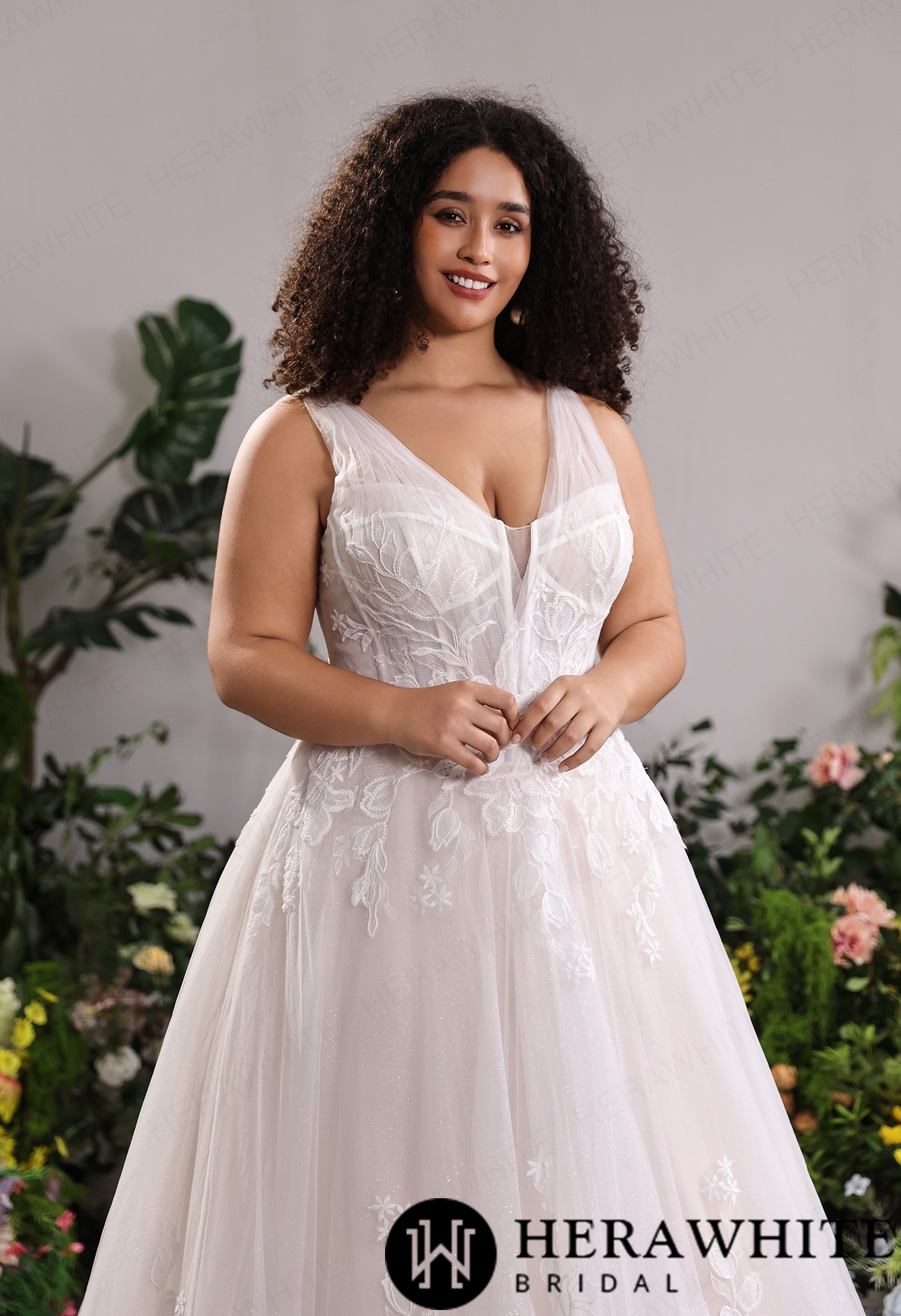 Classic Deep V Lace A-Line Bridal Gown for Curvy Brides
