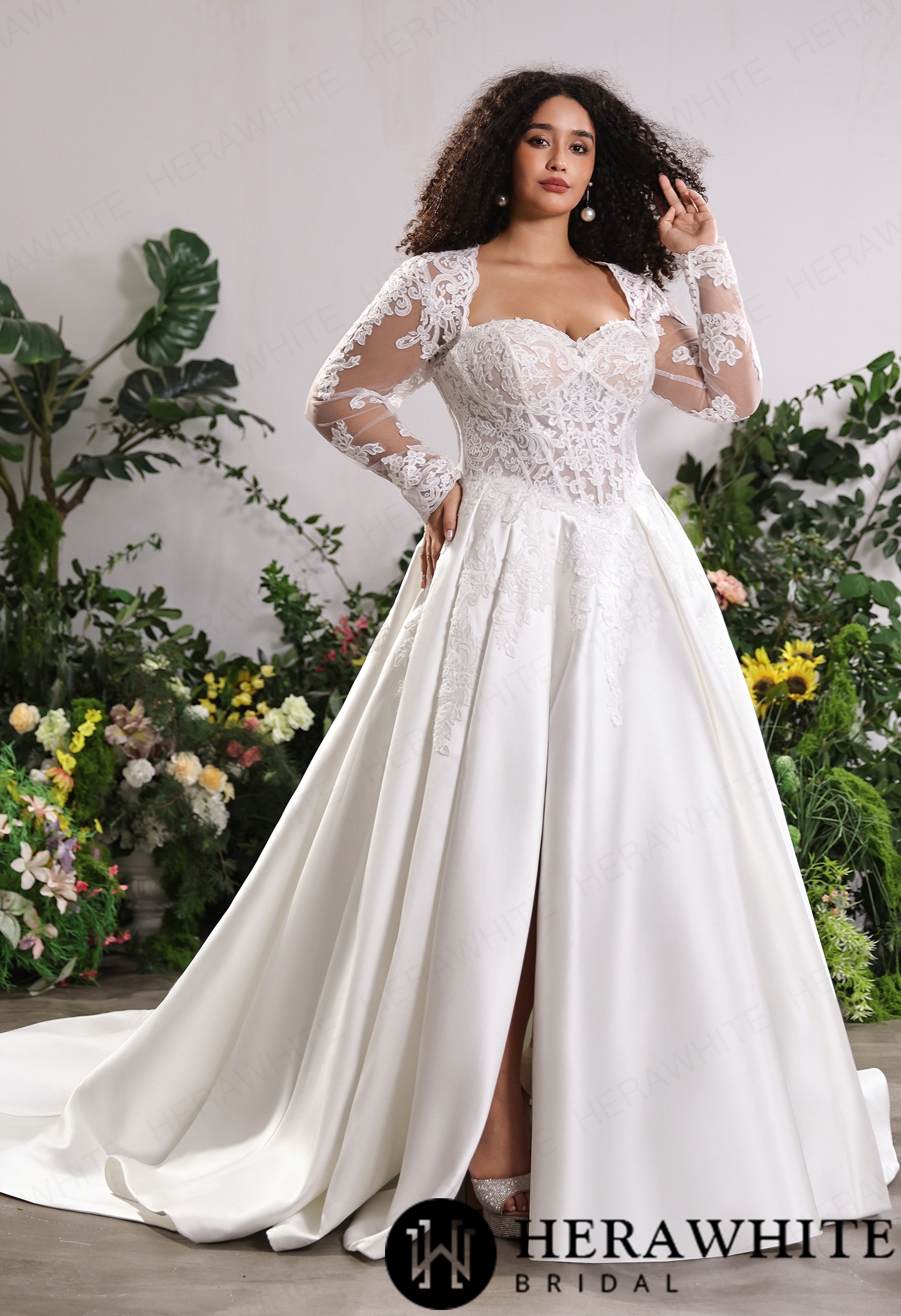 Lustrous Fluid Mikado Bridal Silhouette – Convertible Lace Overlay Jacket with Sheer Floral Arm Cuffs & Front Slit Train