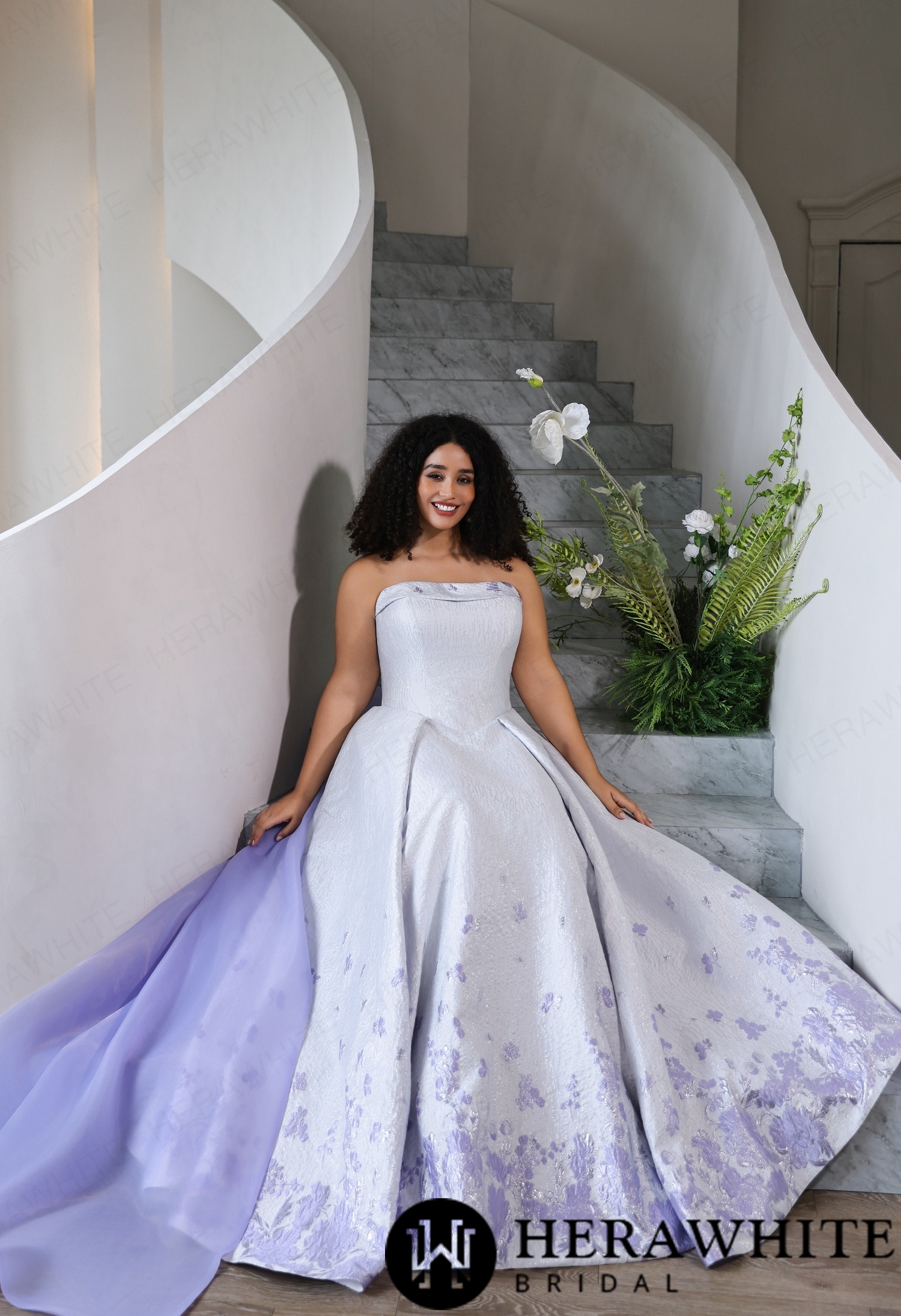 Plus Size Off Shoulder Jacquard Ball Gown Wedding Dress with Matching Lavender Bow Train