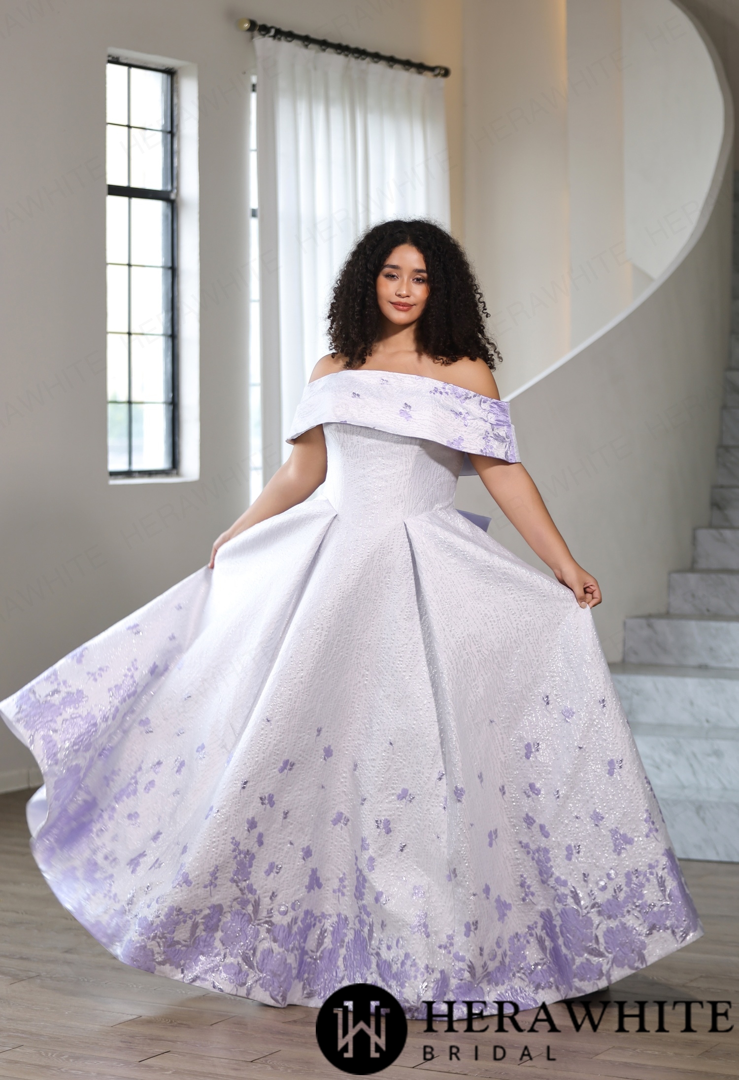 Plus Size Off Shoulder Jacquard Ball Gown Wedding Dress with Matching Lavender Bow Train