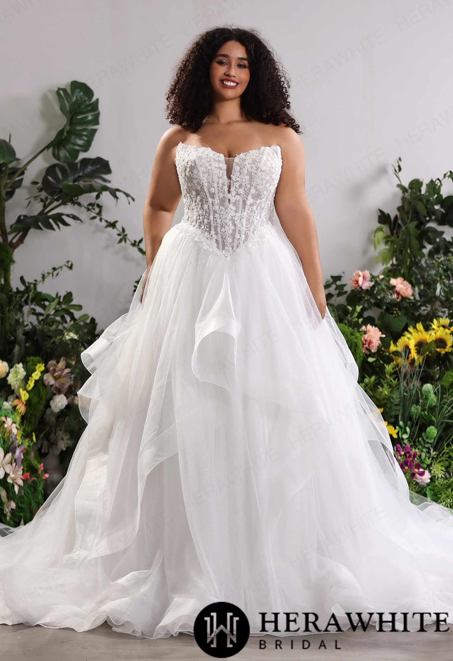 Ethereal Strapless Sweetheart Lace Plus Size Ballgown Wedding Dress with Ruffled Tulle Skirt