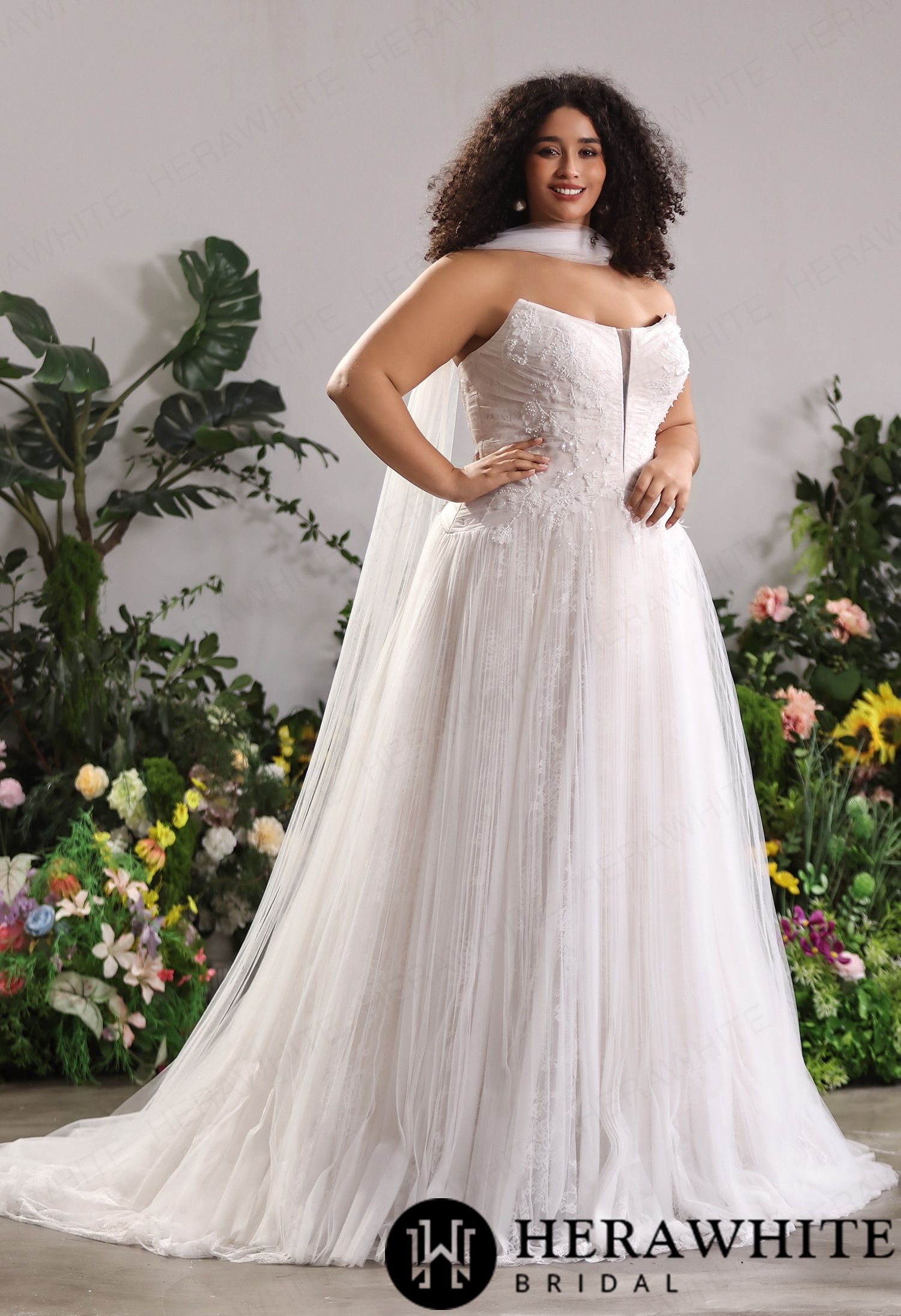 Glitter Lace Strapless Tulle A-Line Gown with Cat-Eye Bust & Attached Tulle Shoulder Cape