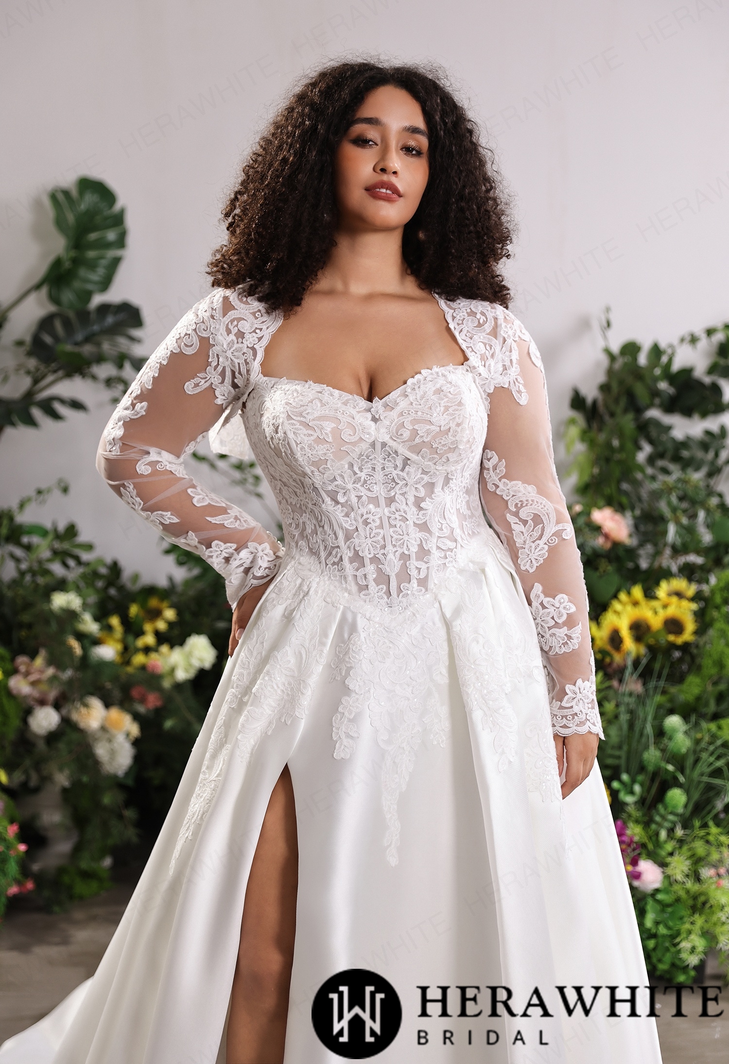 Lustrous Fluid Mikado Bridal Silhouette – Convertible Lace Overlay Jacket with Sheer Floral Arm Cuffs & Front Slit Train