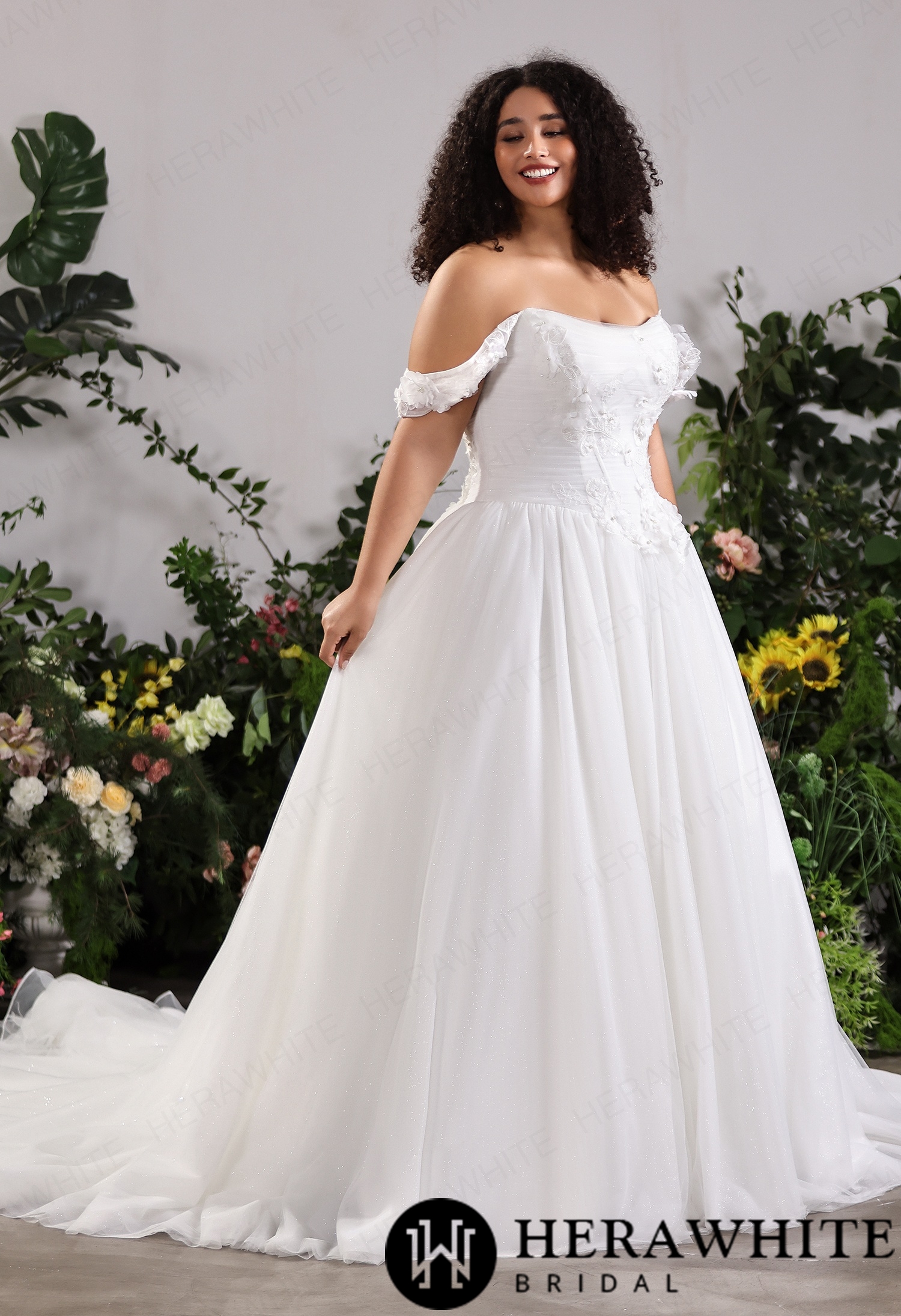 Bardot Tulle Ballgown For Curvaceous Silhouettes With Raised Floral Detailing
