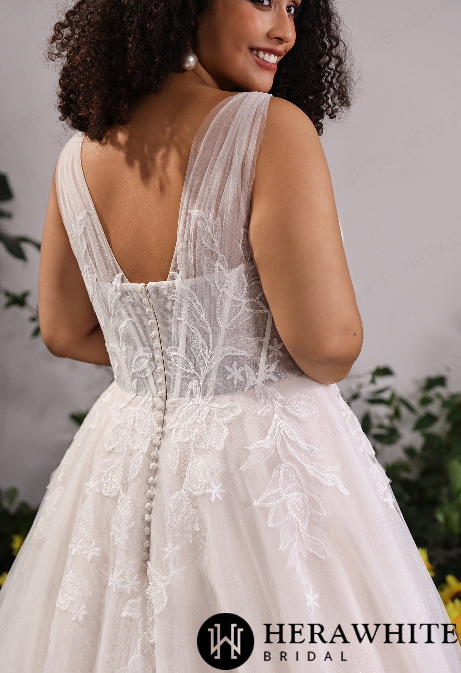 Classic Deep V Lace A-Line Bridal Gown for Curvy Brides