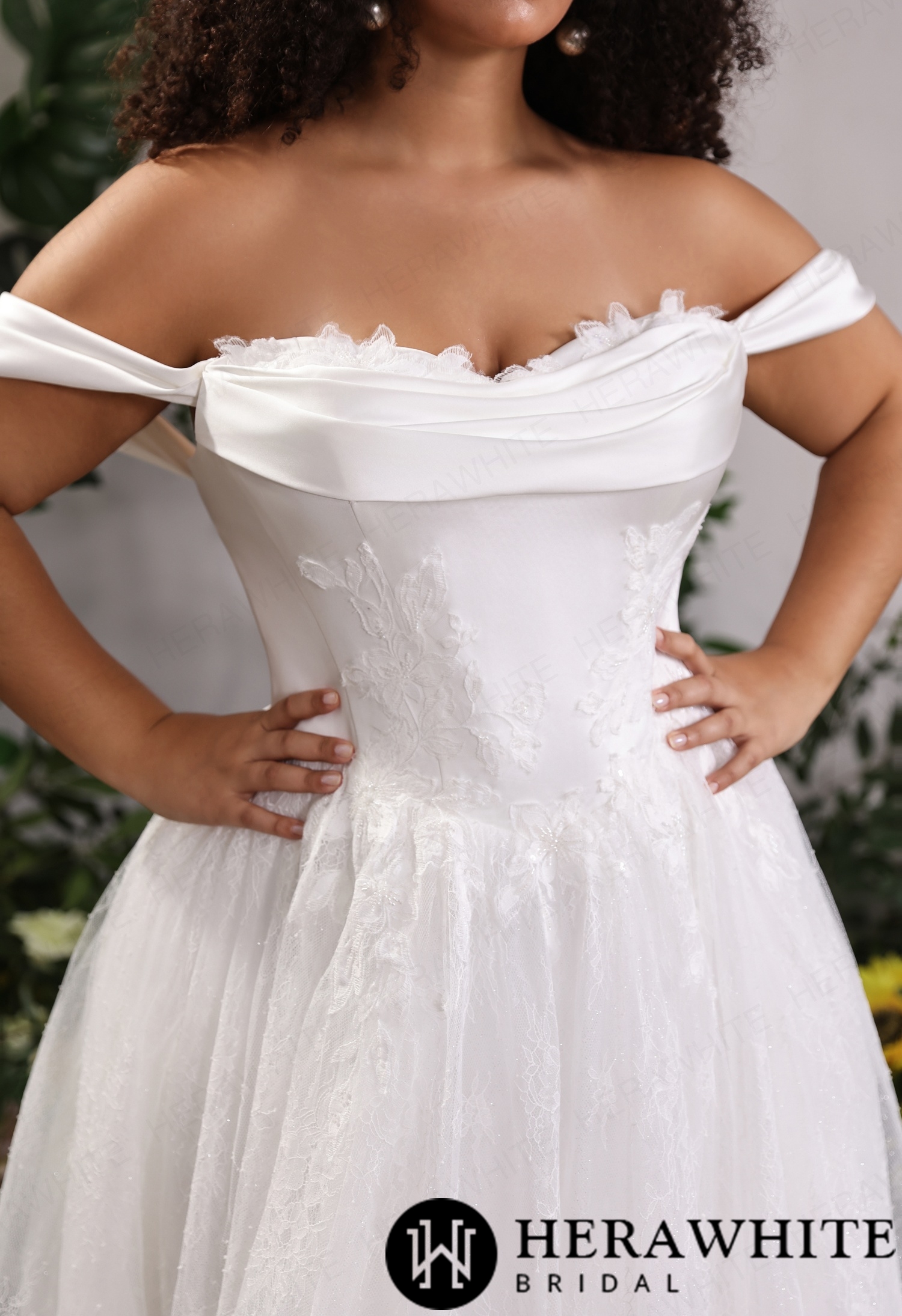 Off-the-Shoulder Satin Lace Ball Gown with Matching Satin Straps