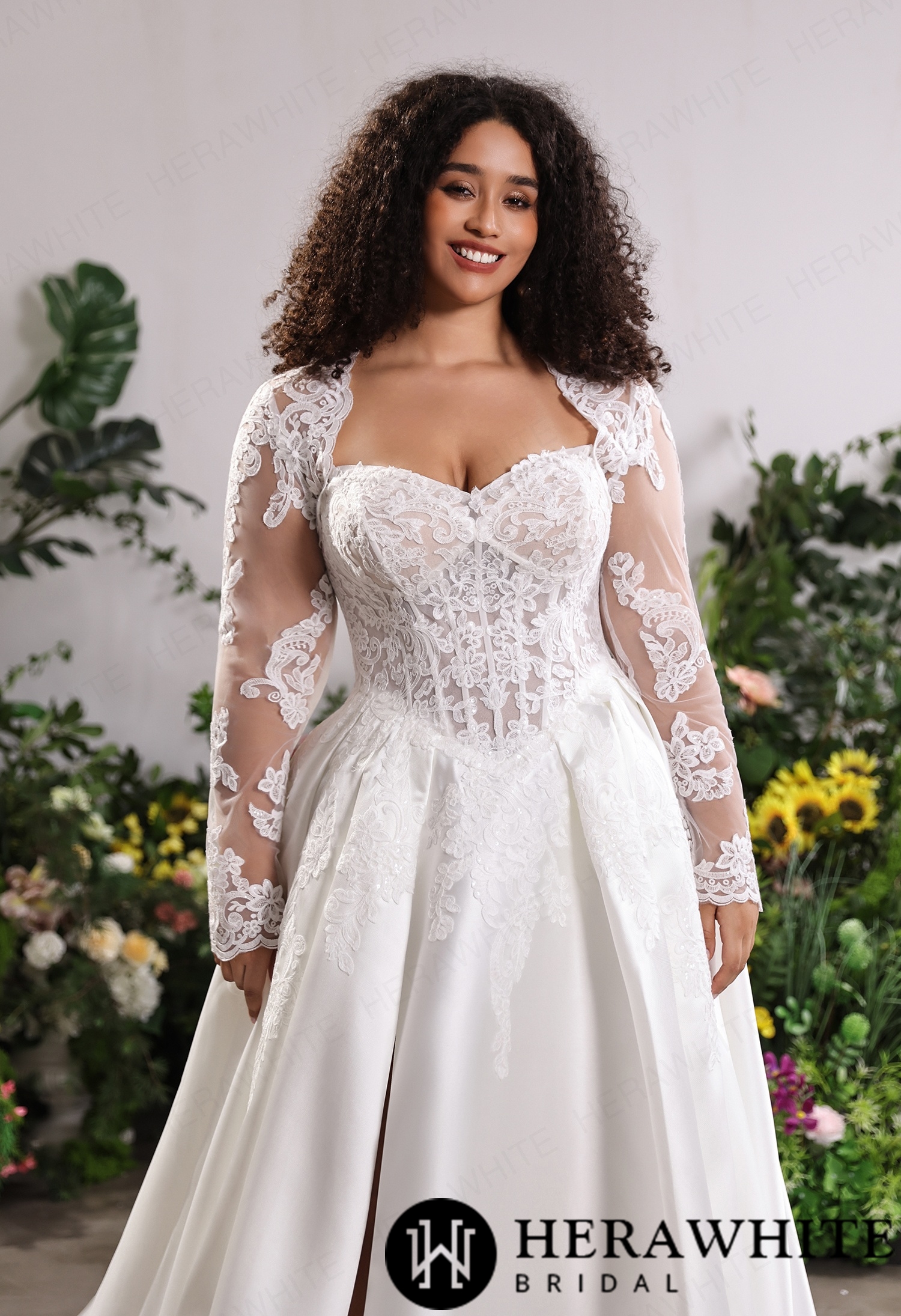 Lustrous Fluid Mikado Bridal Silhouette – Convertible Lace Overlay Jacket with Sheer Floral Arm Cuffs & Front Slit Train