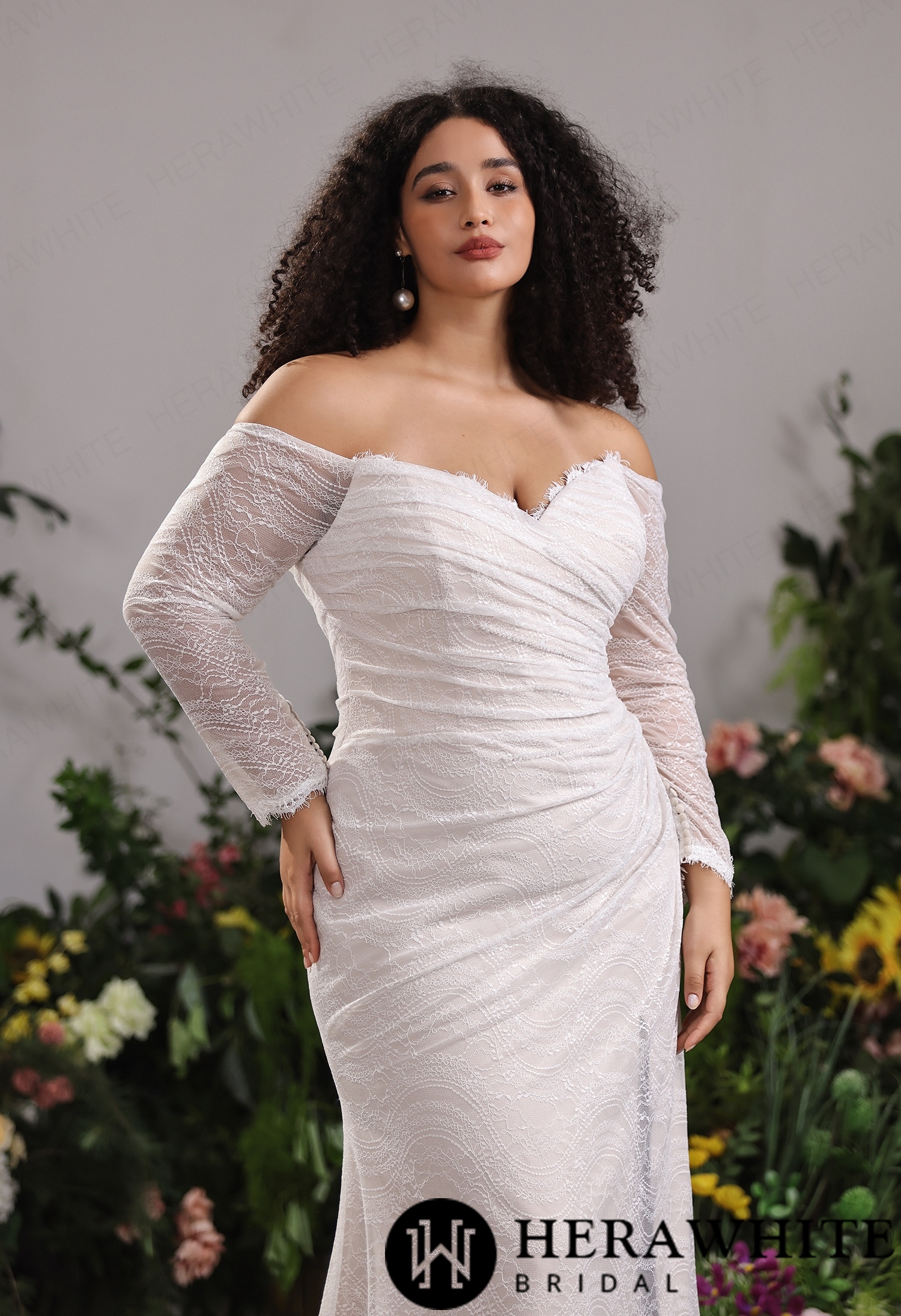 Textured Chantilly Lace Mermaid Dress– Convertible Off-Sleeve Bardot Frame With Removable Delicate Shoulder Straps